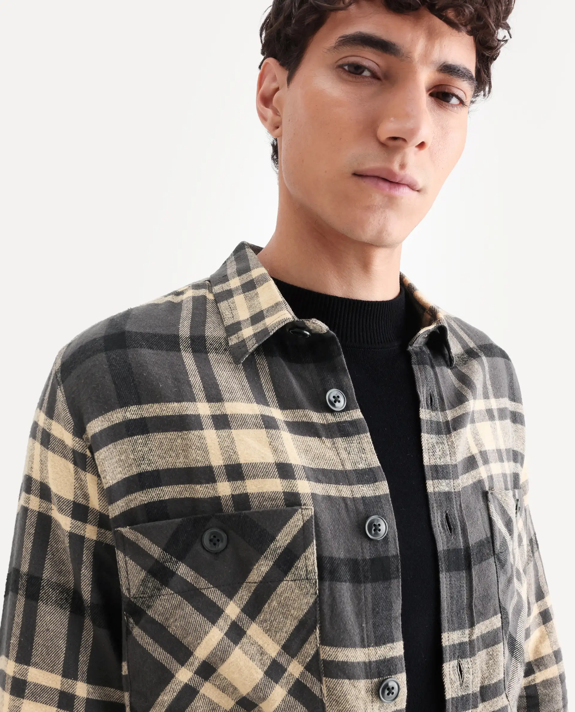 Rare Rabbit Men's Nero Dark Grey Cotton Checked Print Relaxed Fit Full Sleeve Collared Shacket - Image 4