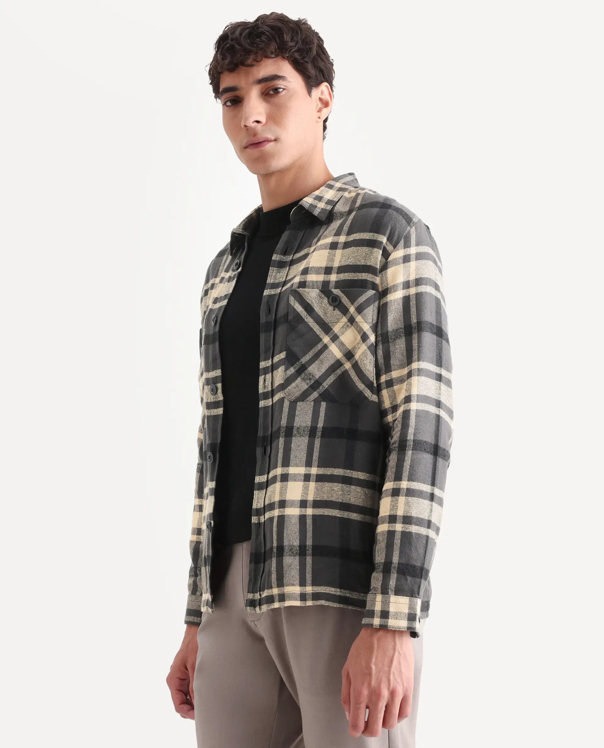 Rare Rabbit Men's Nero Dark Grey Cotton Checked Print Relaxed Fit Full Sleeve Collared Shacket - Image 5