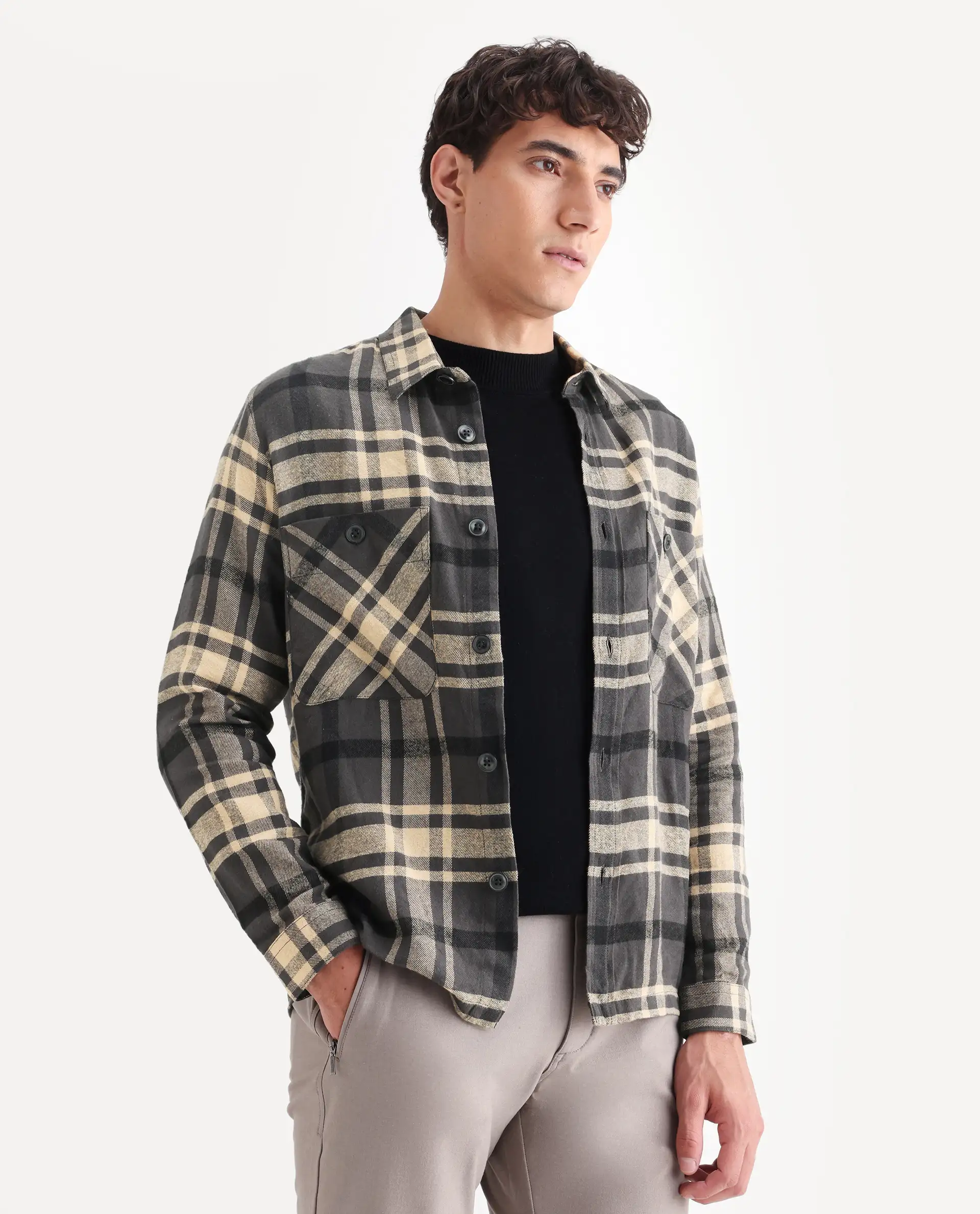 Rare Rabbit Men's Nero Dark Grey Cotton Checked Print Relaxed Fit Full Sleeve Collared Shacket - Image 6