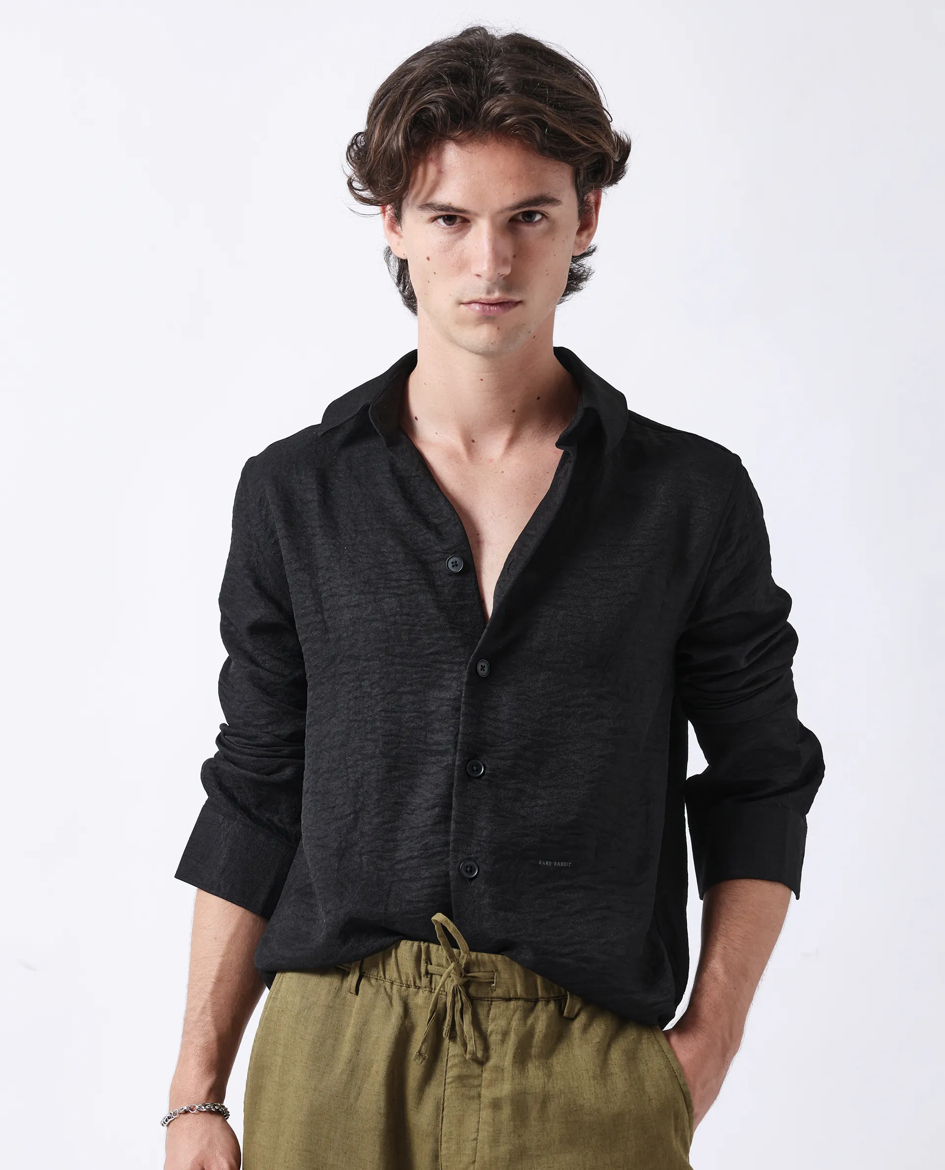 Rare Rabbit Men's Nert Black Cotton Plain Relaxed Fit Full Sleeve Collared Shirt - Image 3