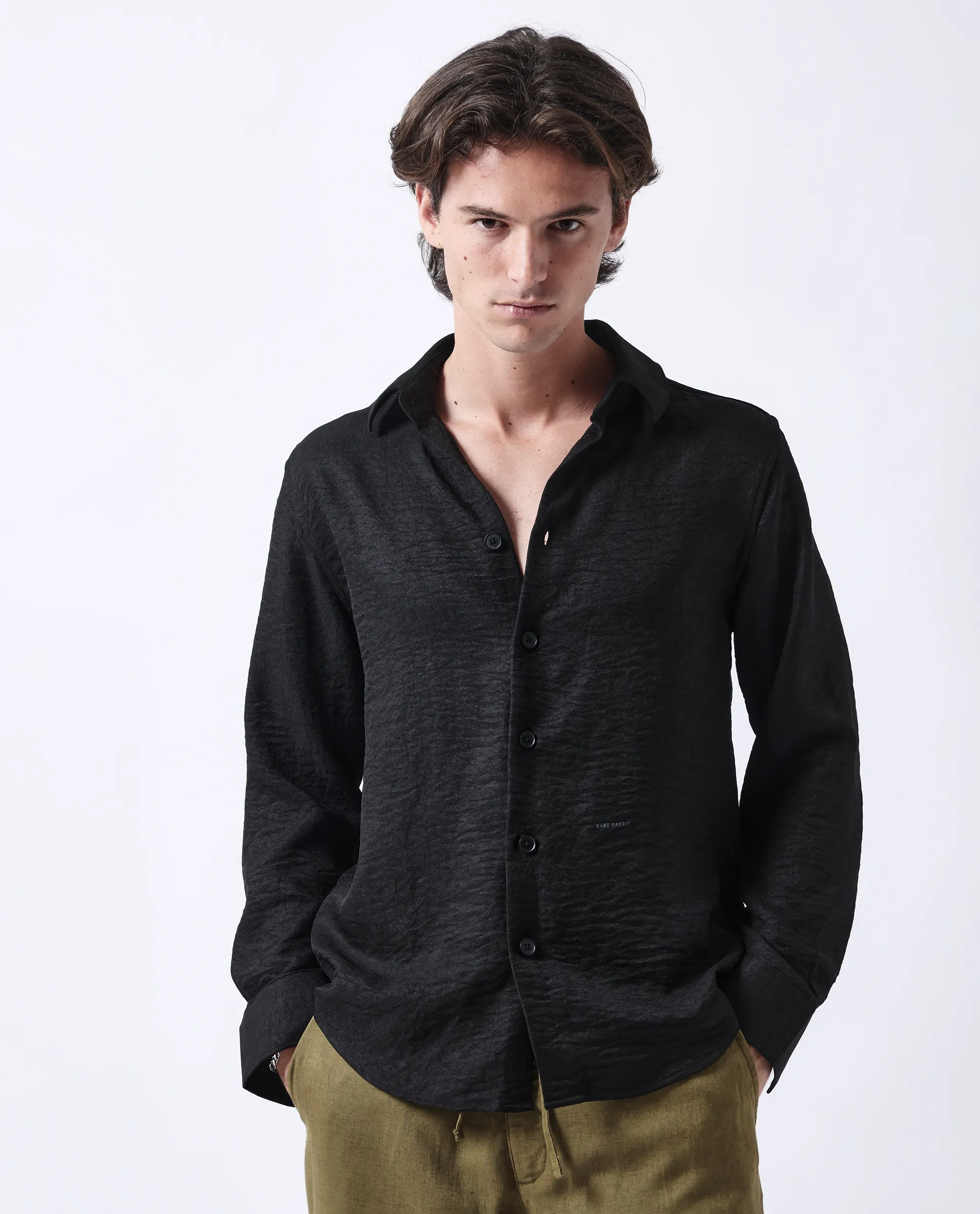 Rare Rabbit Men's Nert Black Cotton Plain Relaxed Fit Full Sleeve Collared Shirt - Image 4
