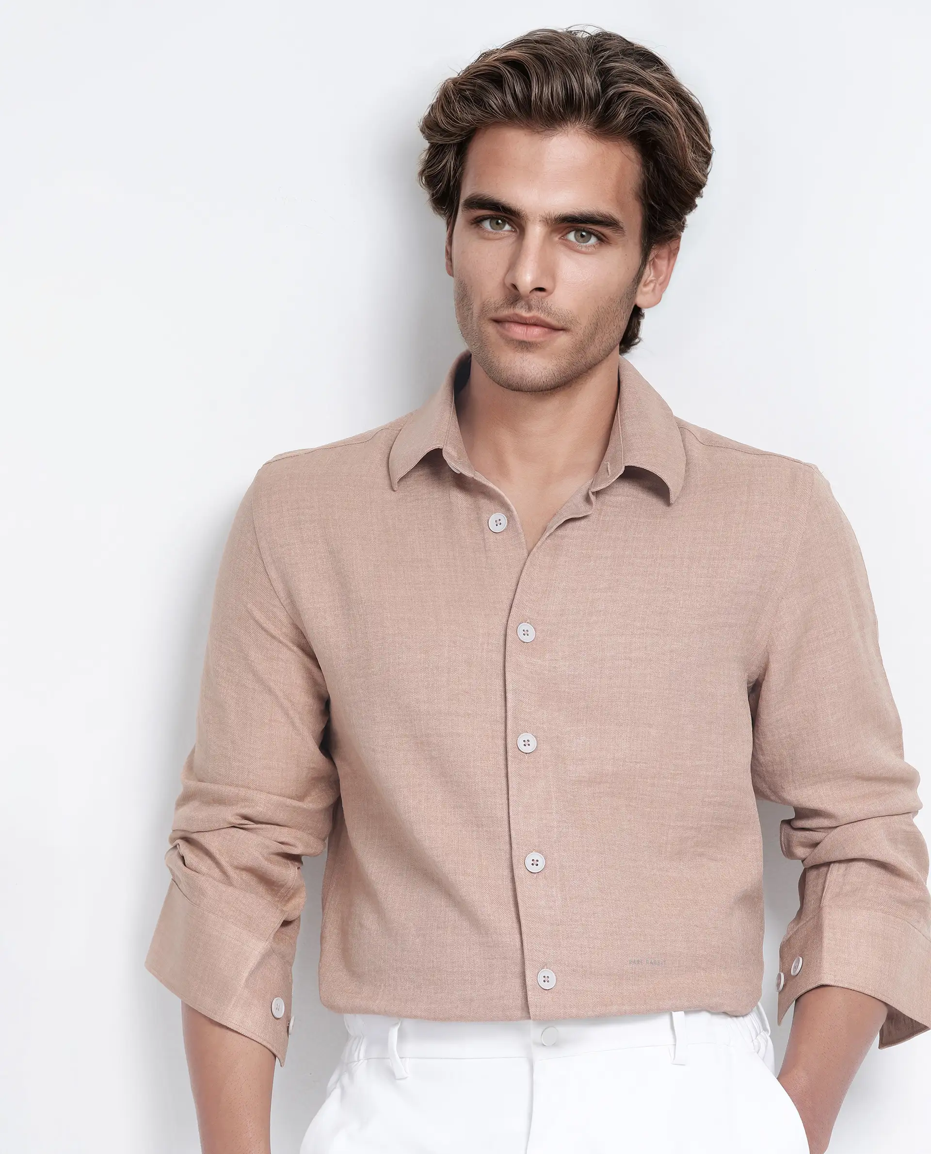 Rare Rabbit Men's Nert Dark Beige Cotton Plain Relaxed Fit Full Sleeve Collared Shirt
