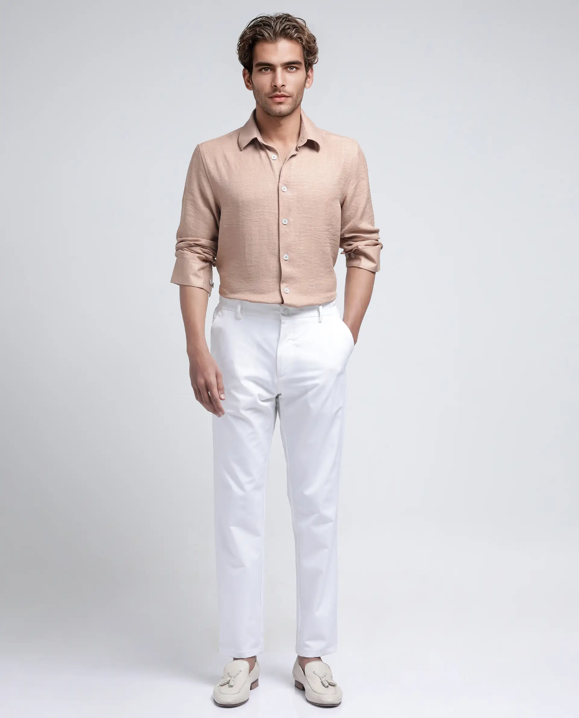 Rare Rabbit Men's Nert Dark Beige Cotton Plain Relaxed Fit Full Sleeve Collared Shirt - Image 2