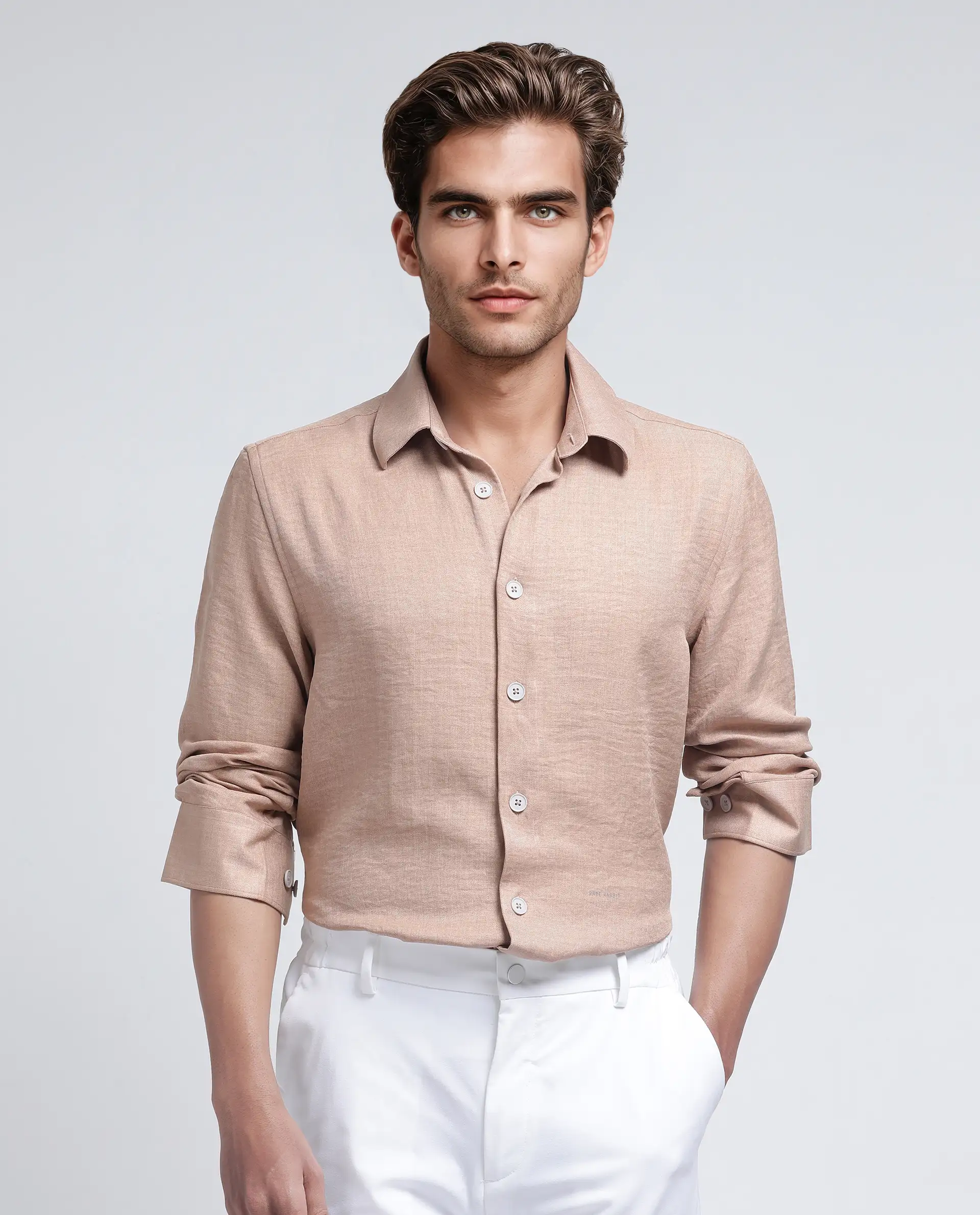 Rare Rabbit Men's Nert Dark Beige Cotton Plain Relaxed Fit Full Sleeve Collared Shirt - Image 5