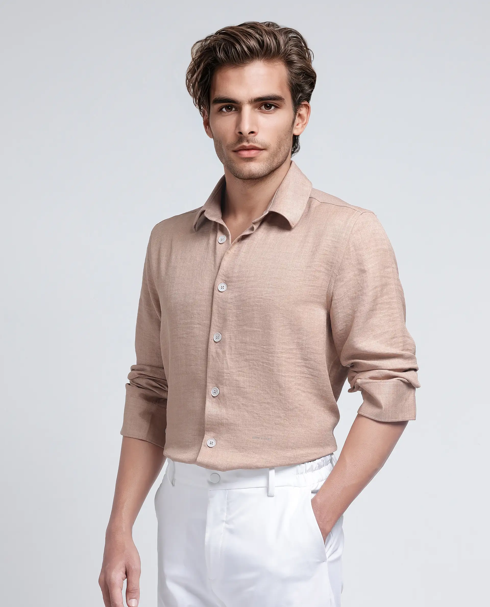Rare Rabbit Men's Nert Dark Beige Cotton Plain Relaxed Fit Full Sleeve Collared Shirt - Image 6