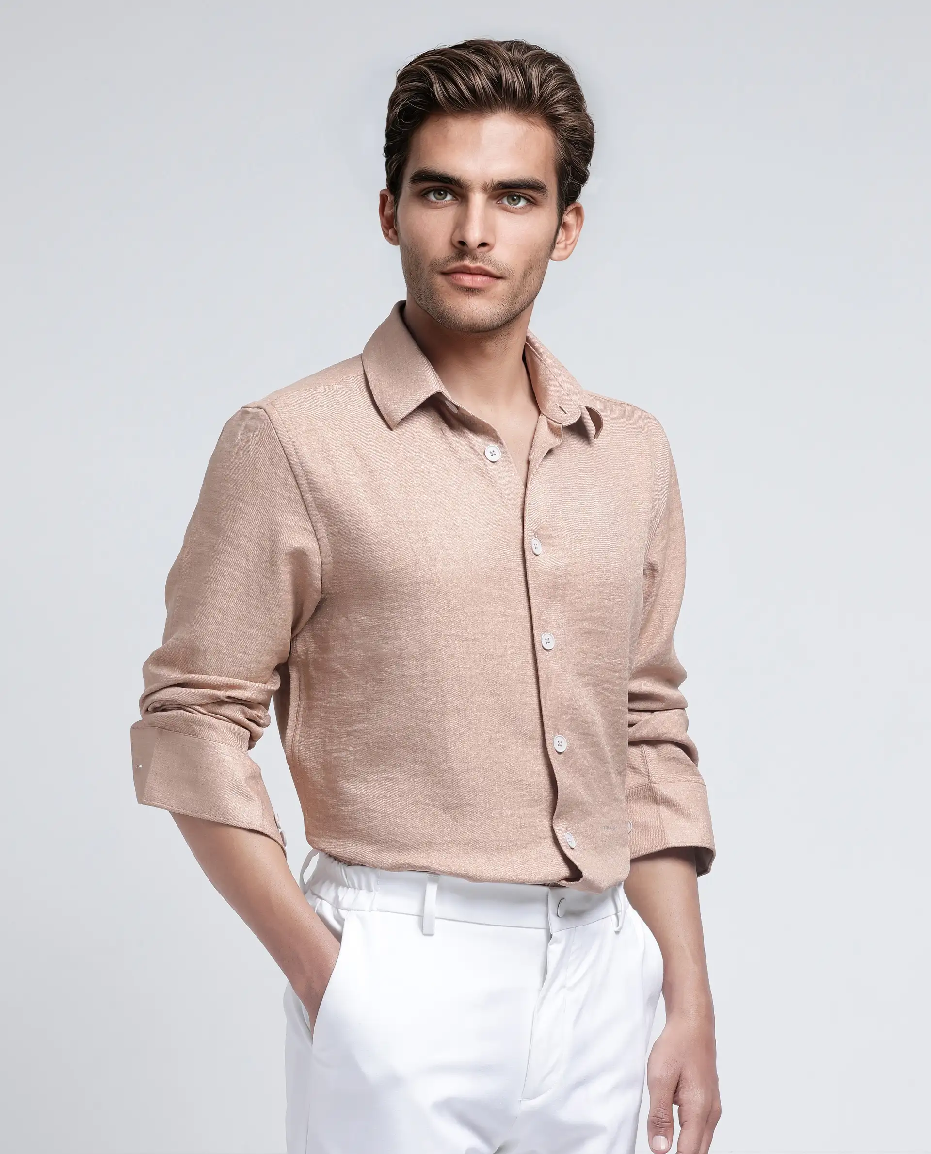 Rare Rabbit Men's Nert Dark Beige Cotton Plain Relaxed Fit Full Sleeve Collared Shirt - Image 7
