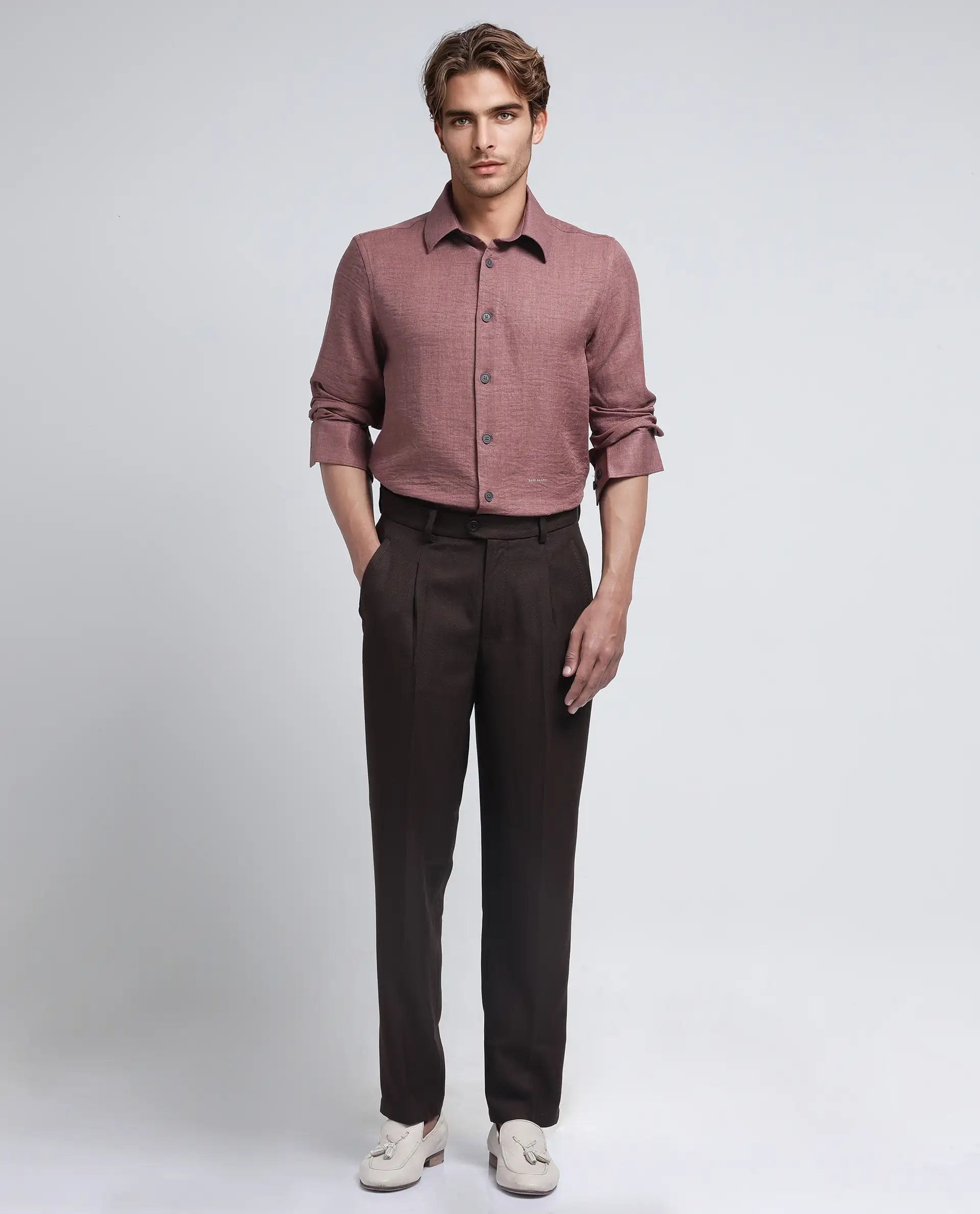 Rare Rabbit Men's Nert Dark Peach Cotton Plain Relaxed Fit Full Sleeve Collared Shirt - Image 2