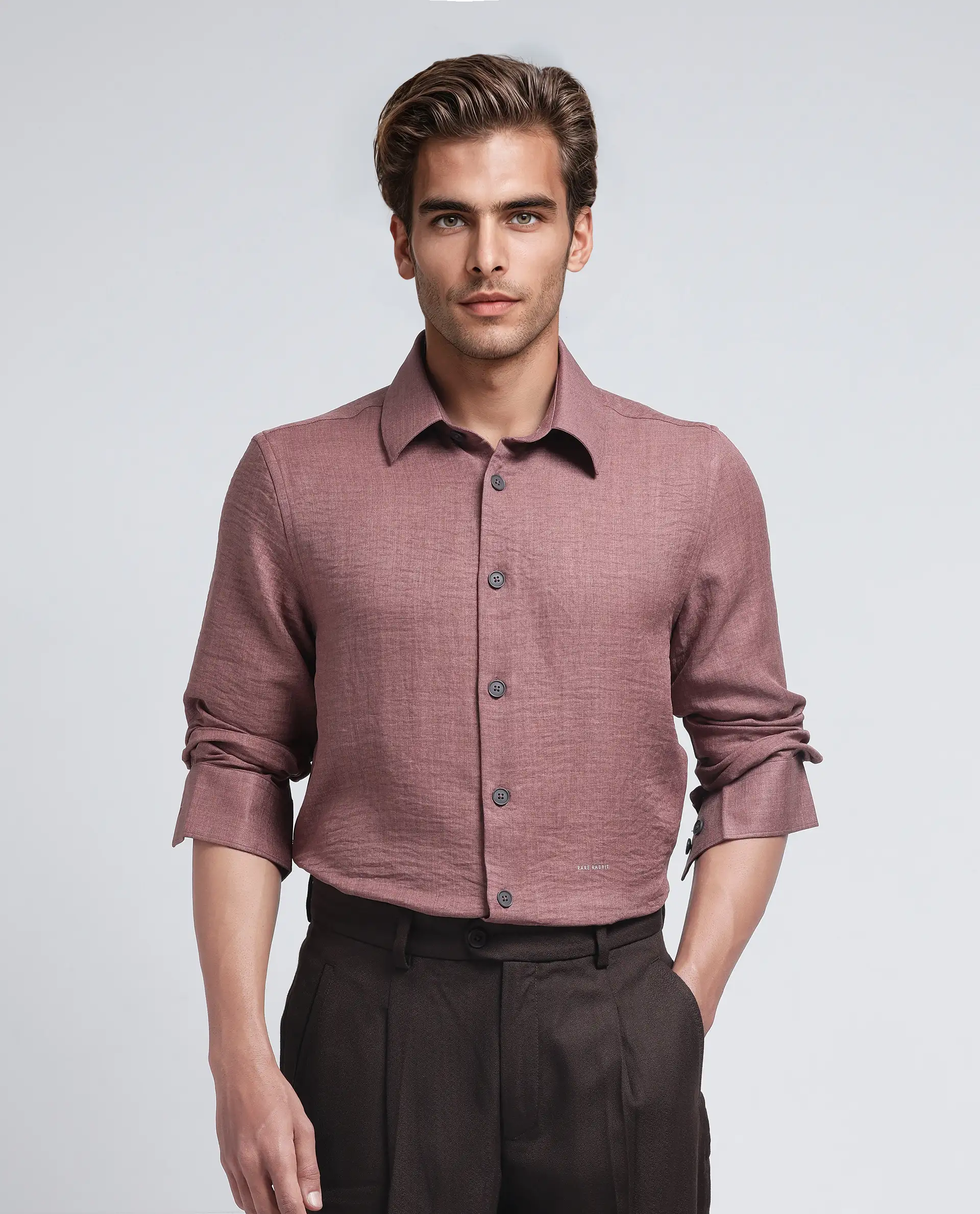 Rare Rabbit Men's Nert Dark Peach Cotton Plain Relaxed Fit Full Sleeve Collared Shirt - Image 6
