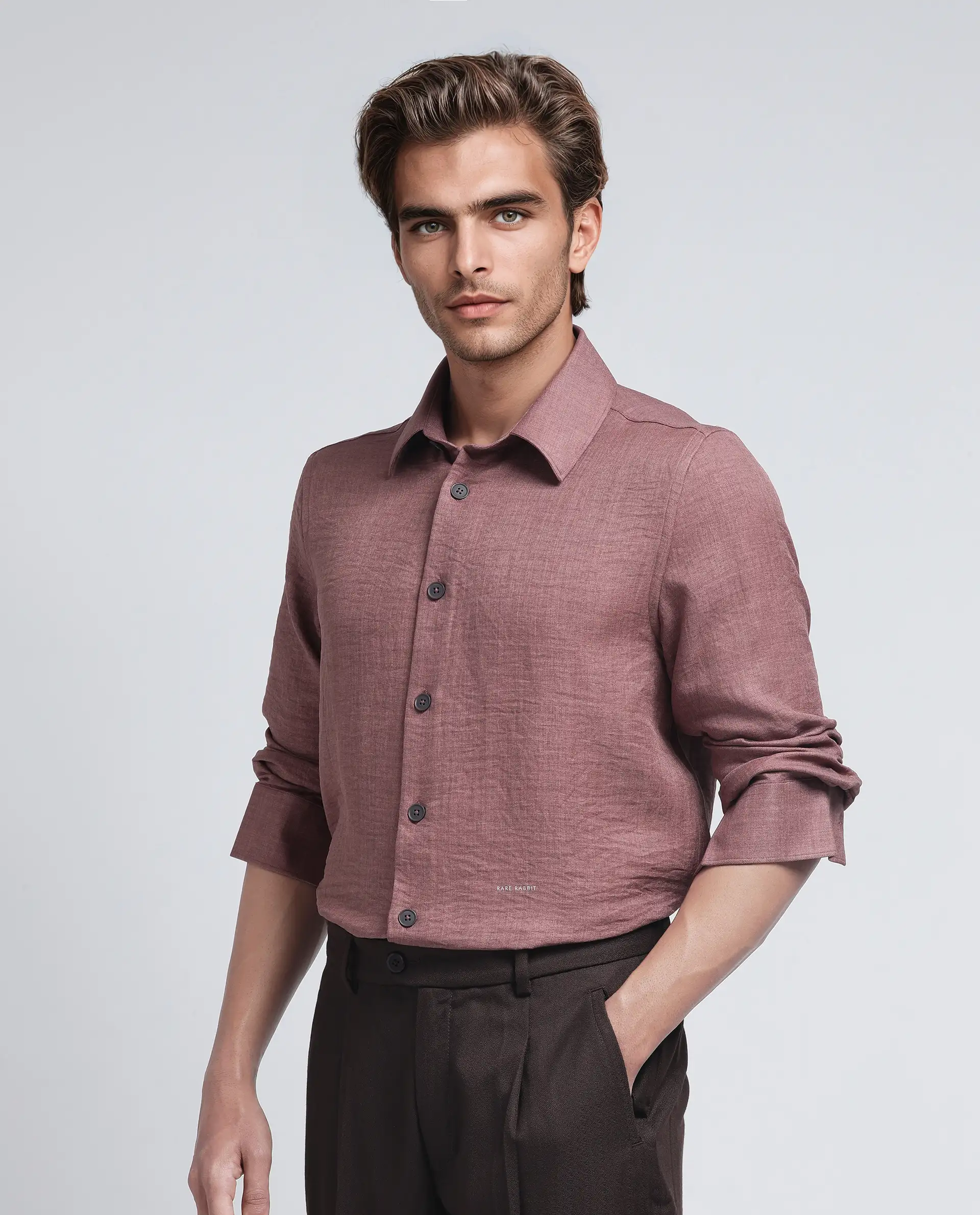 Rare Rabbit Men's Nert Dark Peach Cotton Plain Relaxed Fit Full Sleeve Collared Shirt - Image 7