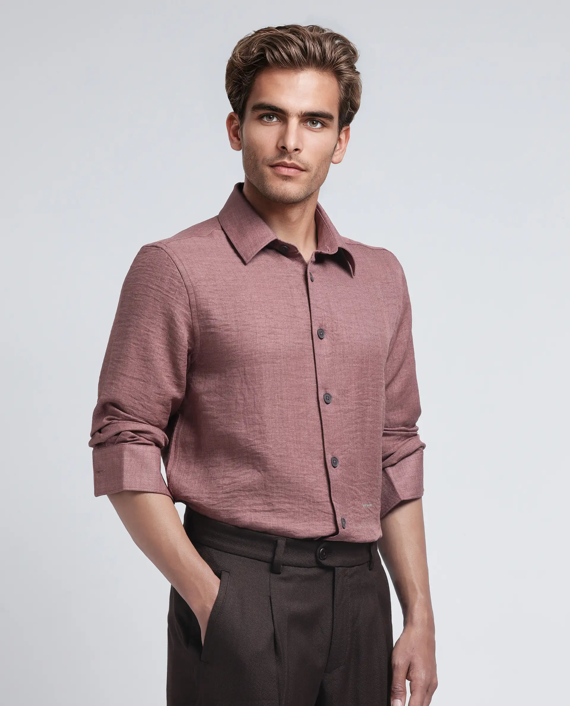Rare Rabbit Men's Nert Dark Peach Cotton Plain Relaxed Fit Full Sleeve Collared Shirt - Image 8