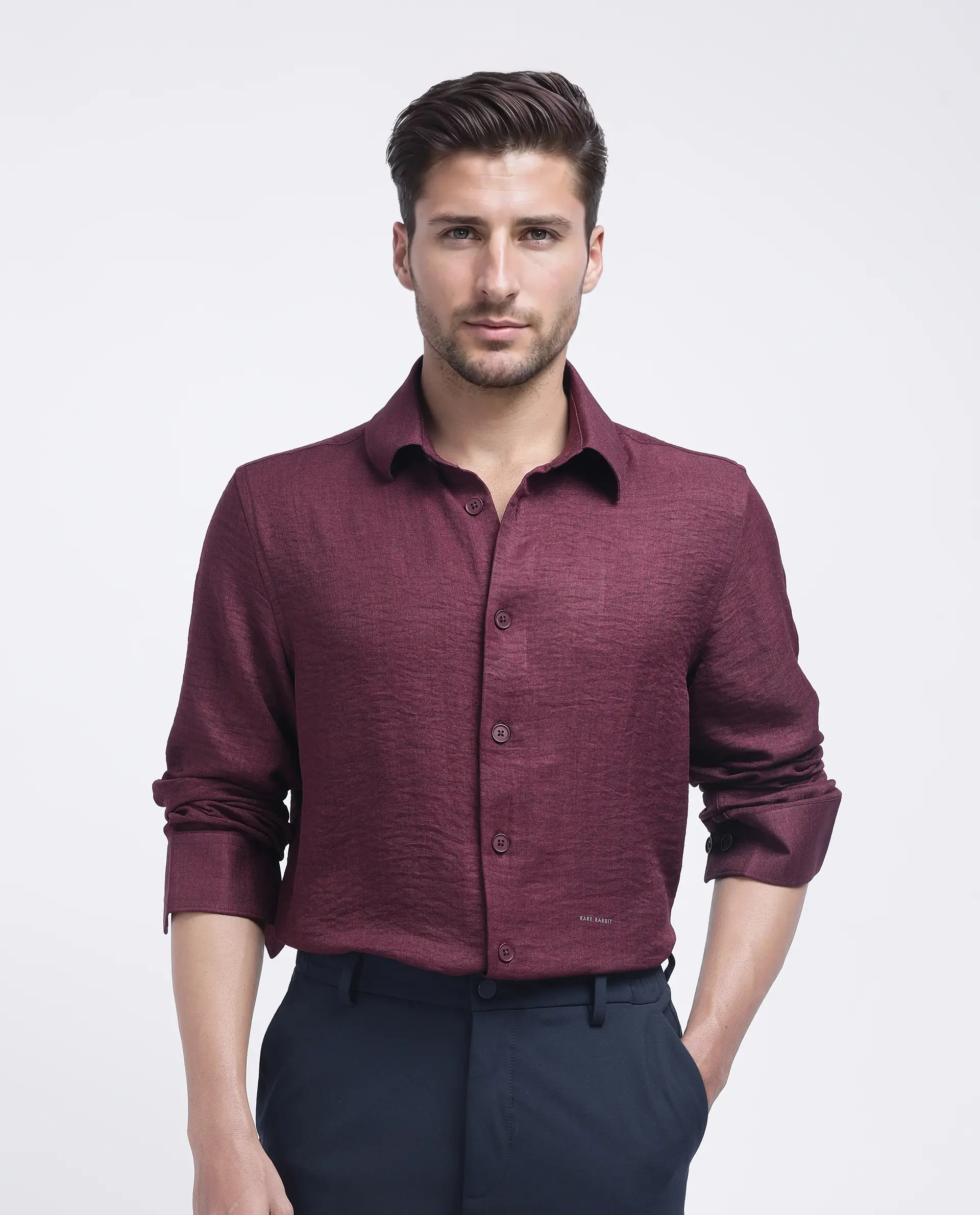 Rare Rabbit Men's Nert Maroon Cotton Plain Relaxed Fit Full Sleeve Collared Shirt