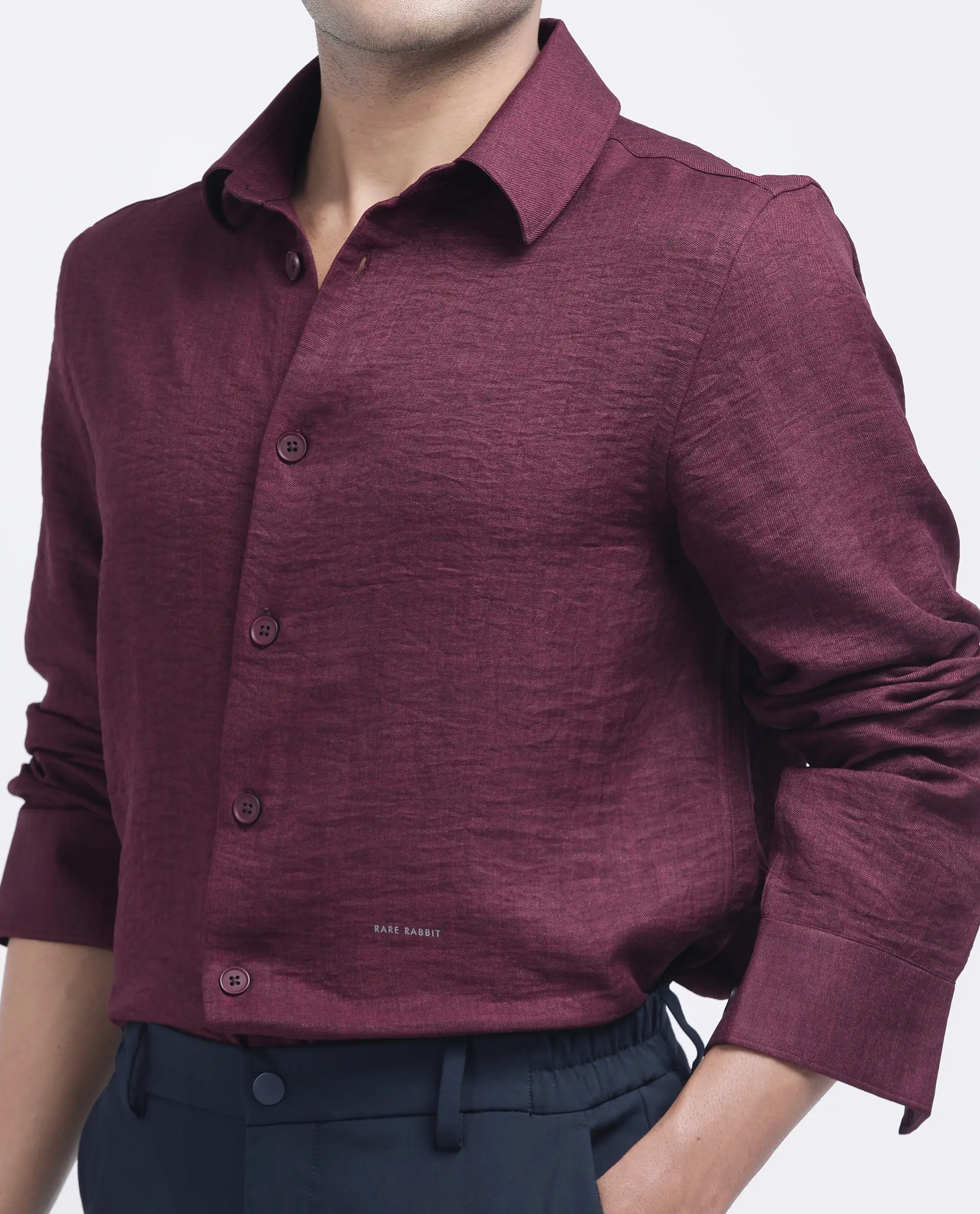 Rare Rabbit Men's Nert Maroon Cotton Plain Relaxed Fit Full Sleeve Collared Shirt - Image 3
