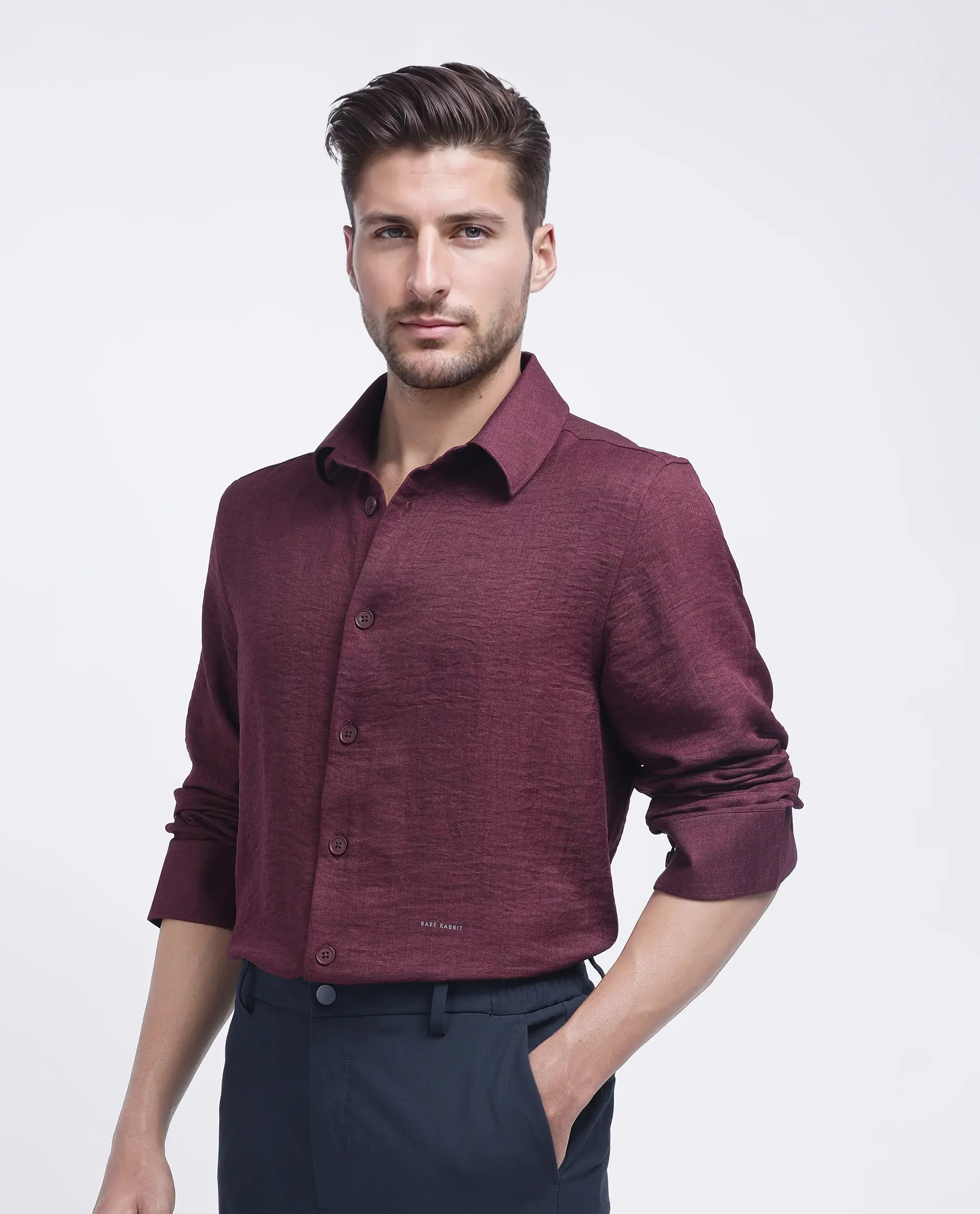 Rare Rabbit Men's Nert Maroon Cotton Plain Relaxed Fit Full Sleeve Collared Shirt - Image 5