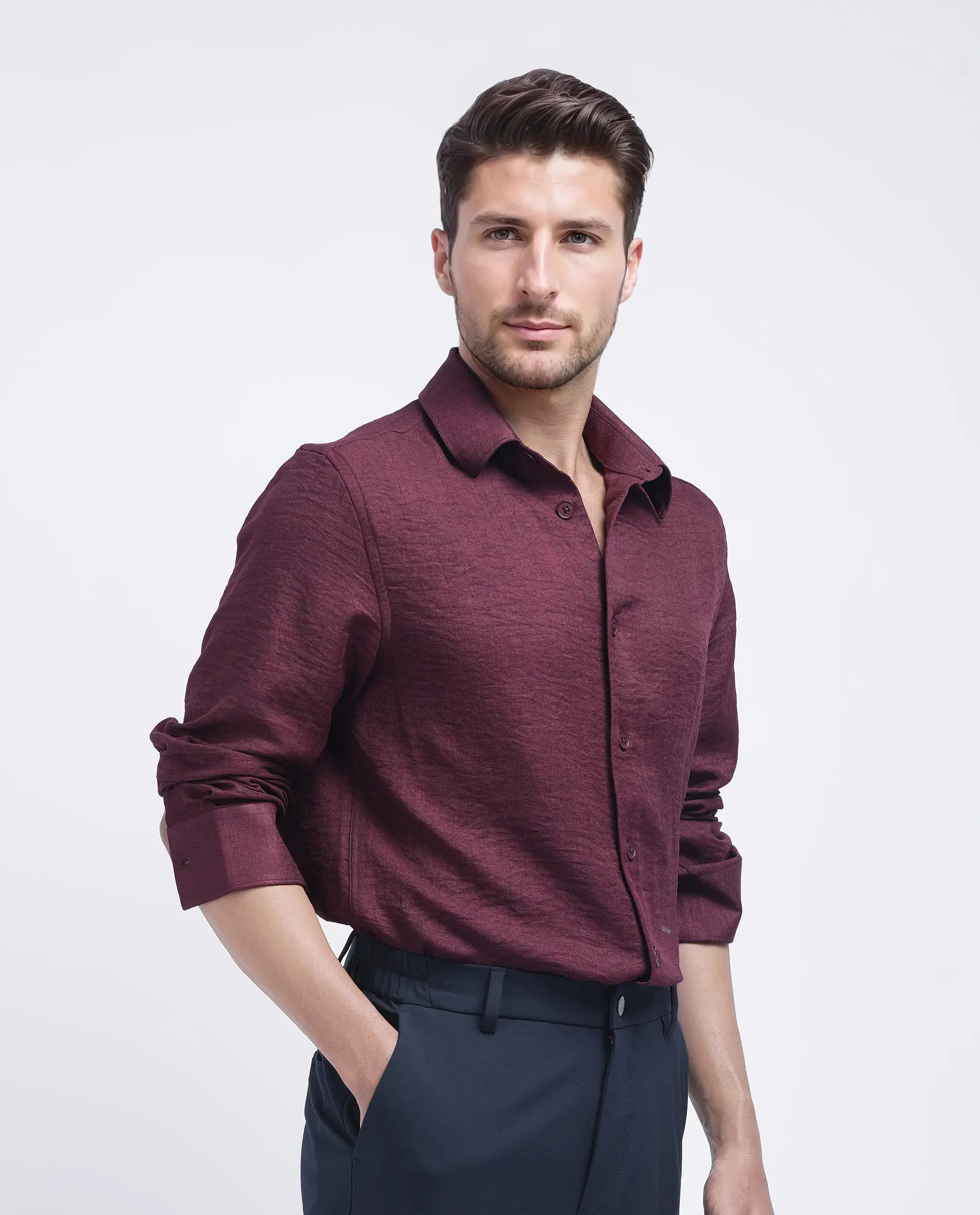 Rare Rabbit Men's Nert Maroon Cotton Plain Relaxed Fit Full Sleeve Collared Shirt - Image 6