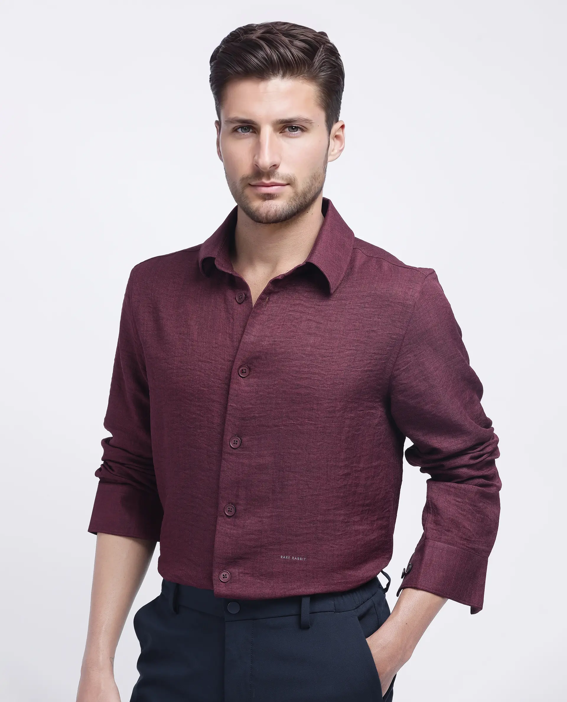 Rare Rabbit Men's Nert Maroon Cotton Plain Relaxed Fit Full Sleeve Collared Shirt - Image 8