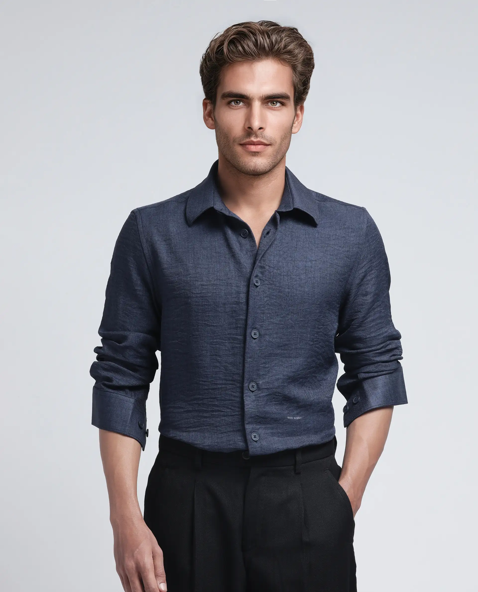Rare Rabbit Men's Nert Navy Cotton Plain Relaxed Fit Full Sleeve Collared Shirt - Image 2