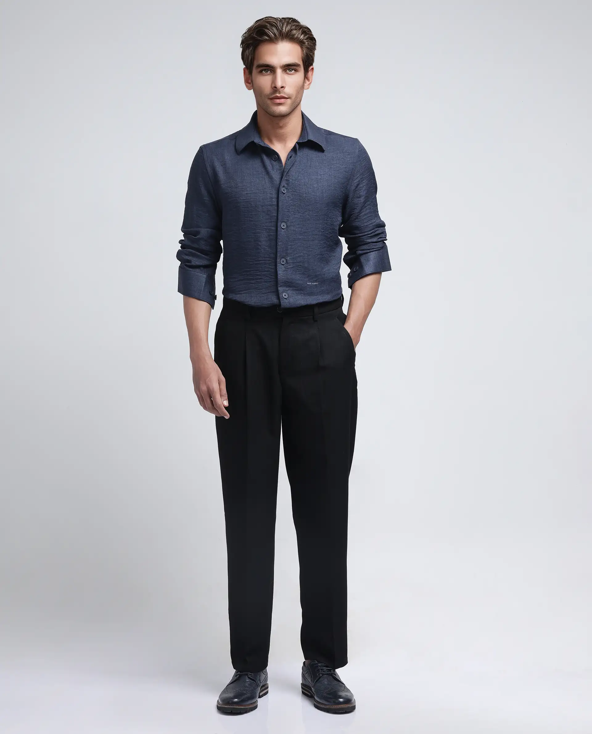 Rare Rabbit Men's Nert Navy Cotton Plain Relaxed Fit Full Sleeve Collared Shirt - Image 3