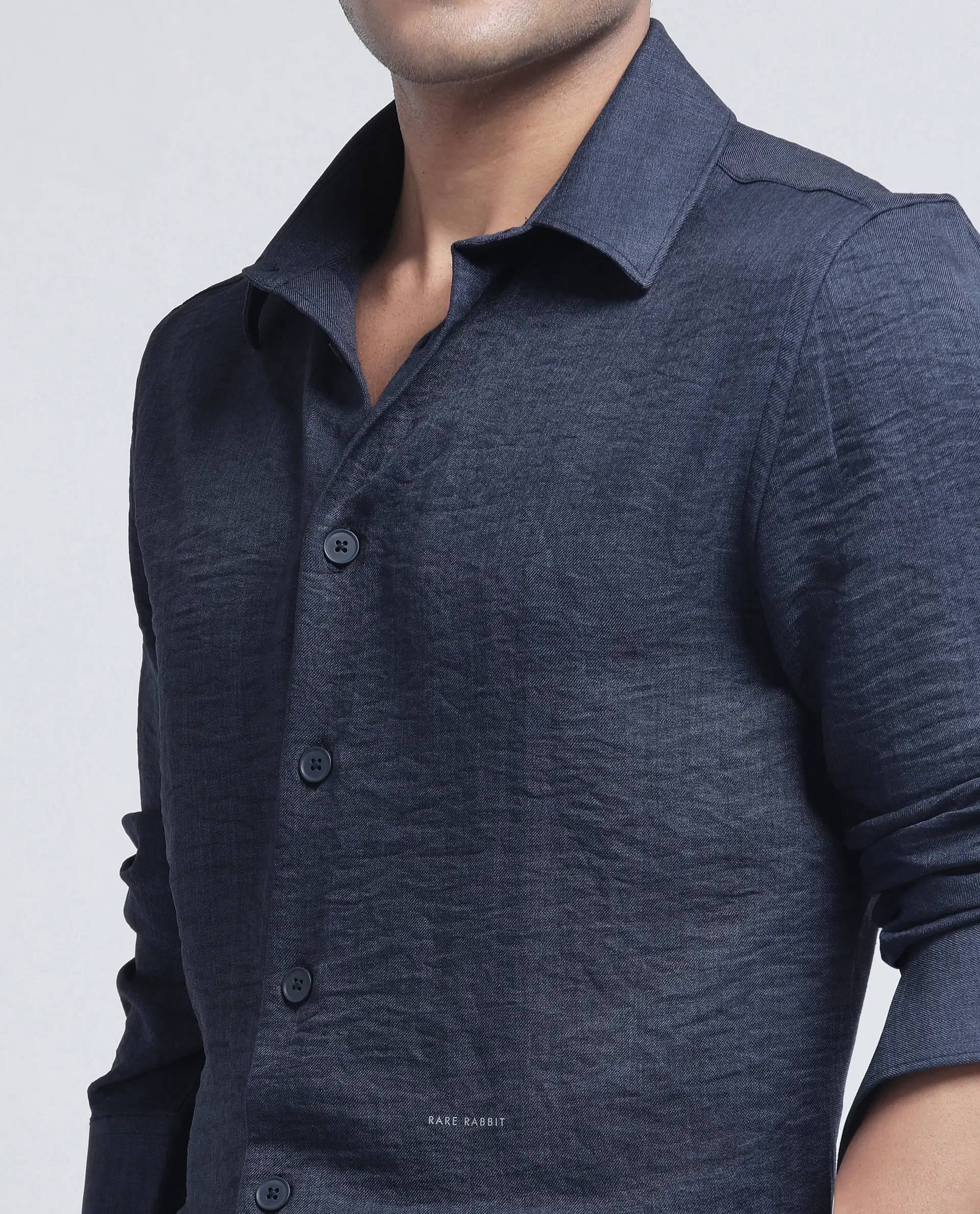 Rare Rabbit Men's Nert Navy Cotton Plain Relaxed Fit Full Sleeve Collared Shirt - Image 4