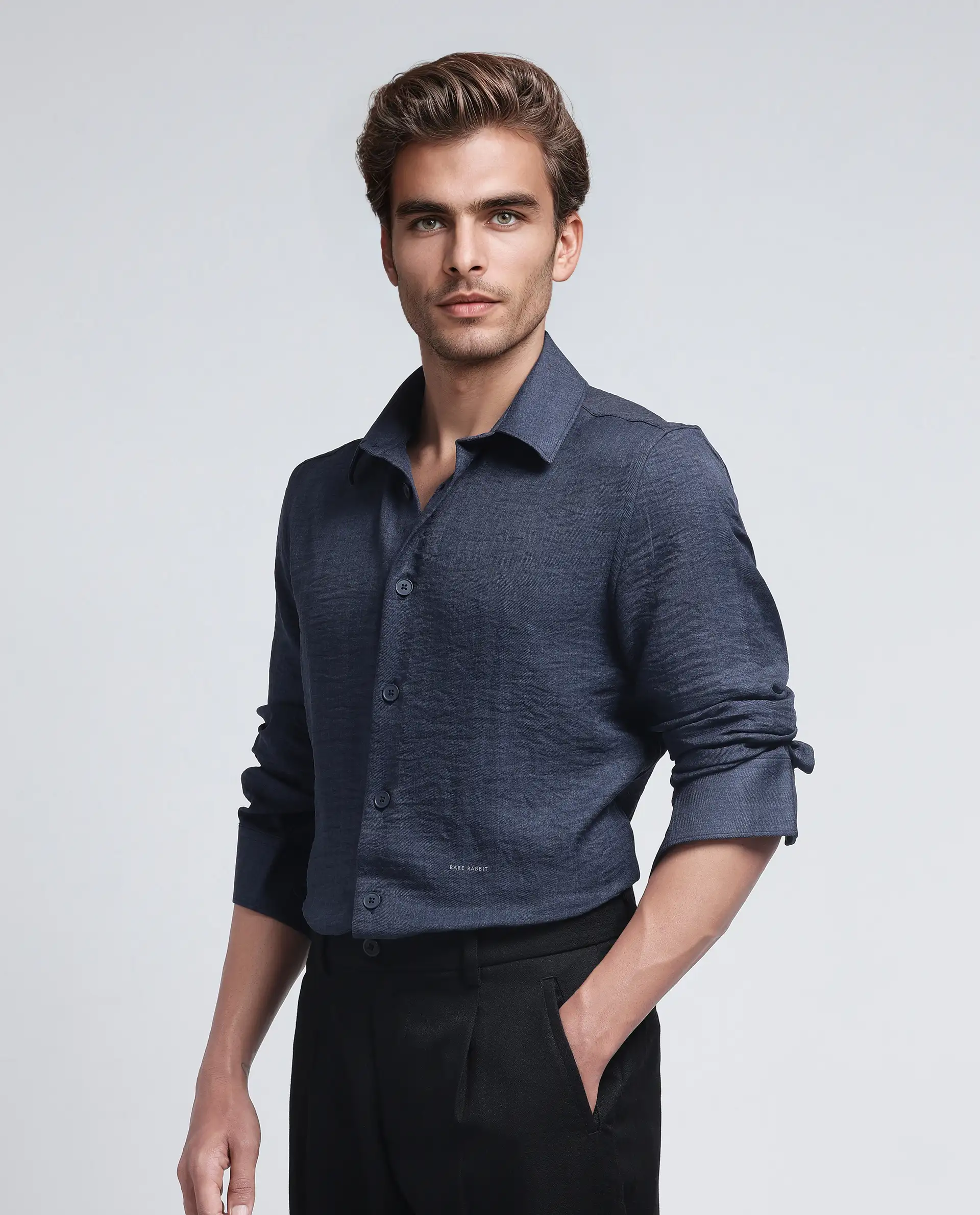 Rare Rabbit Men's Nert Navy Cotton Plain Relaxed Fit Full Sleeve Collared Shirt - Image 6