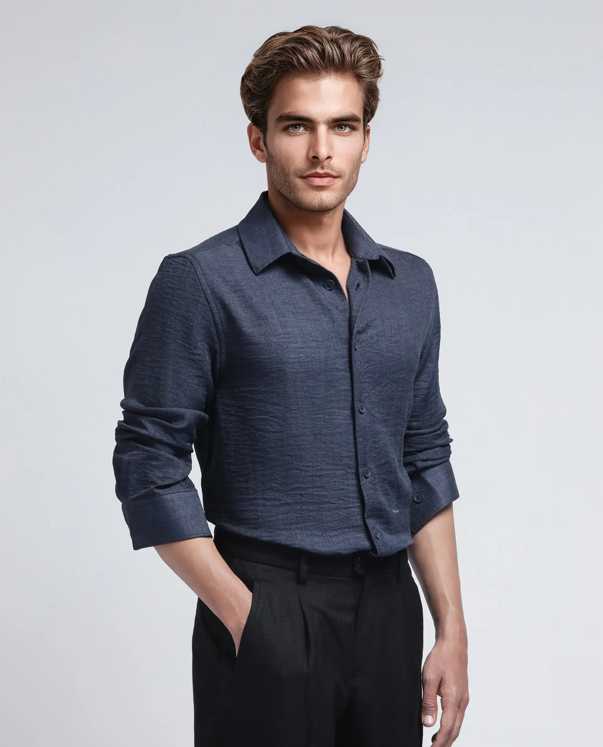 Rare Rabbit Men's Nert Navy Cotton Plain Relaxed Fit Full Sleeve Collared Shirt - Image 7