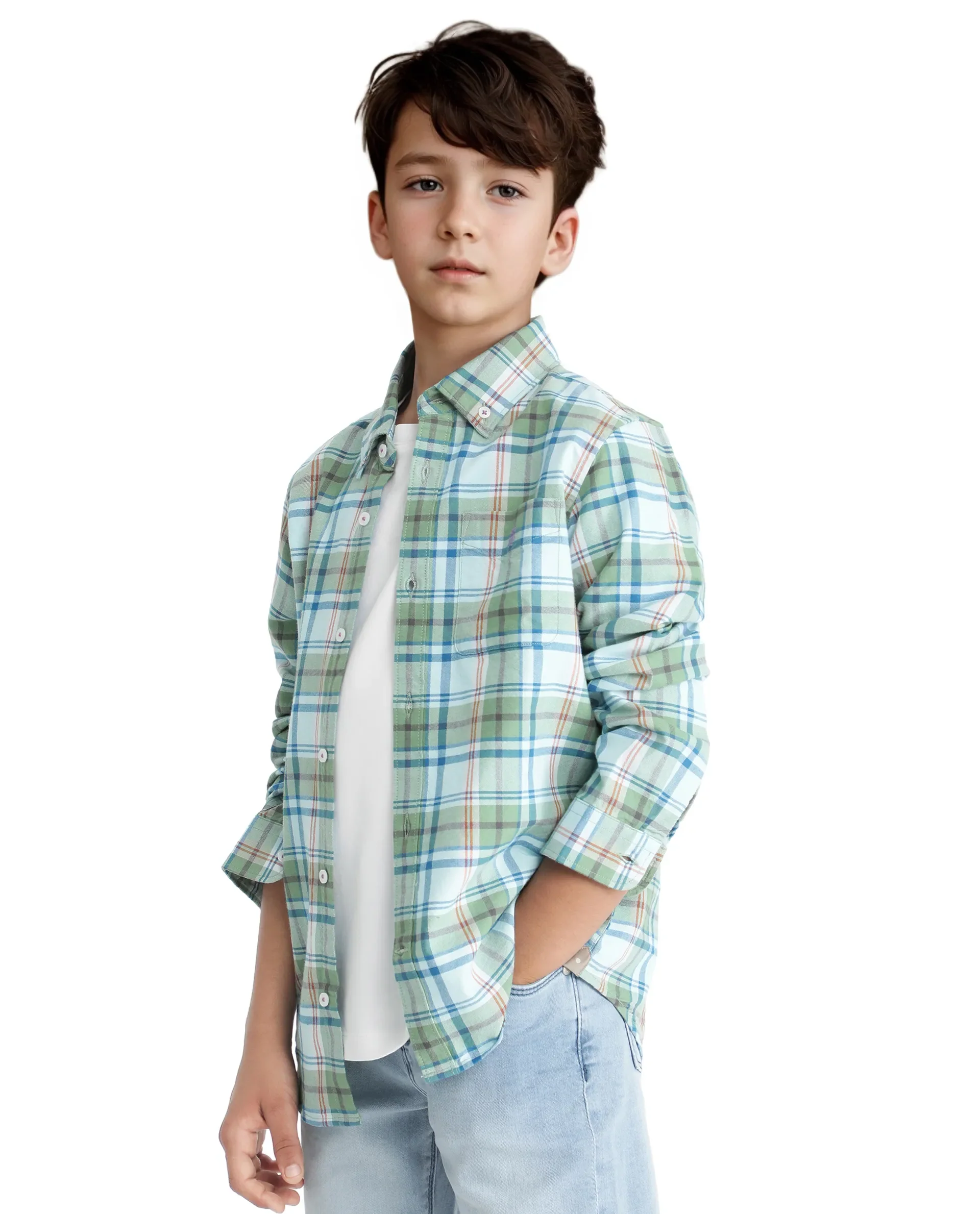 Rare Ones Kids Nes Green Cotton Full Sleeves Button Down Regular Fit Checked Shirt - Image 7