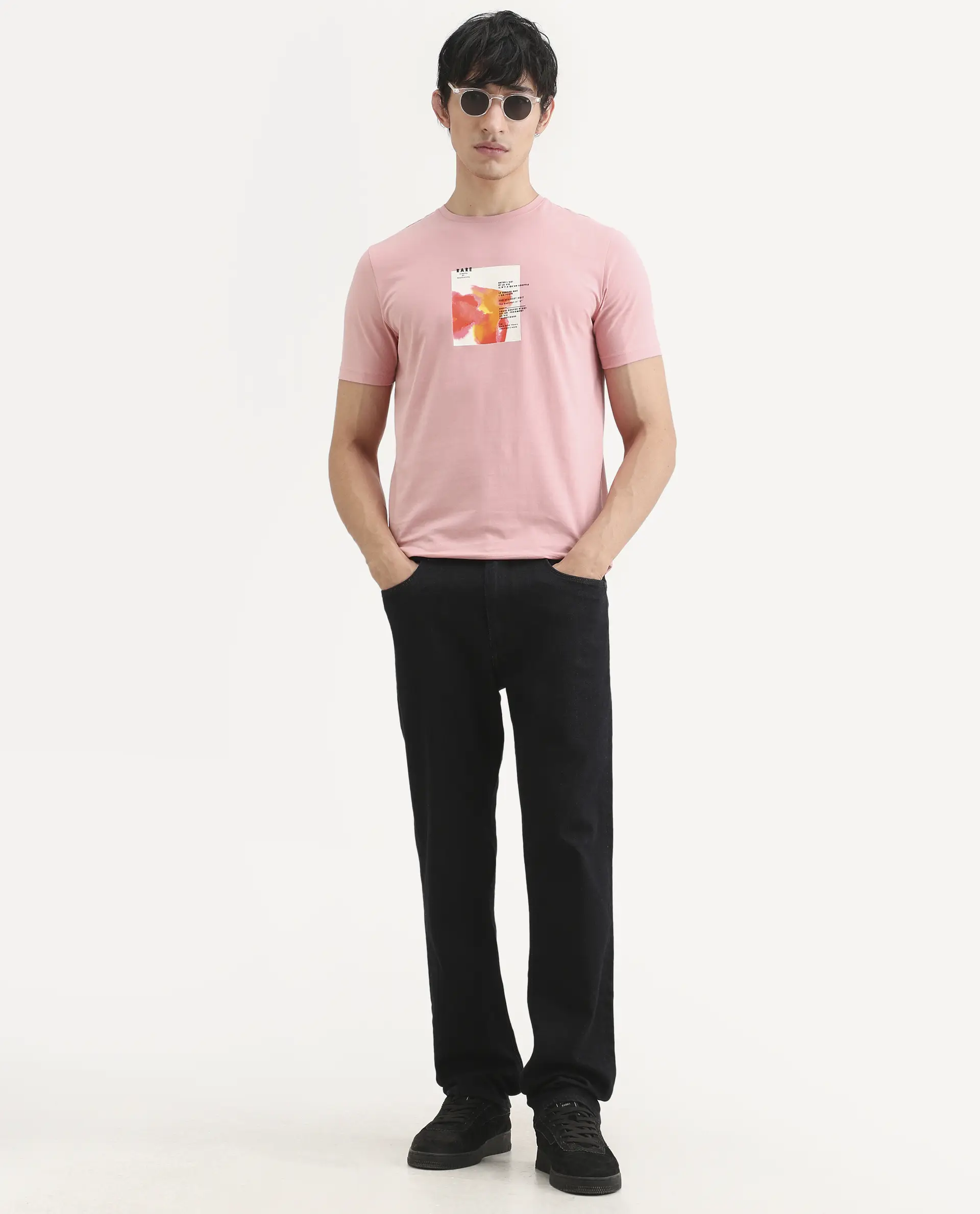 Rare Rabbit Men's Nes Pink Cotton Blend Fabric Half Sleeve Crew Neck Regular Fit Graphic Print T-Shirt - Image 2