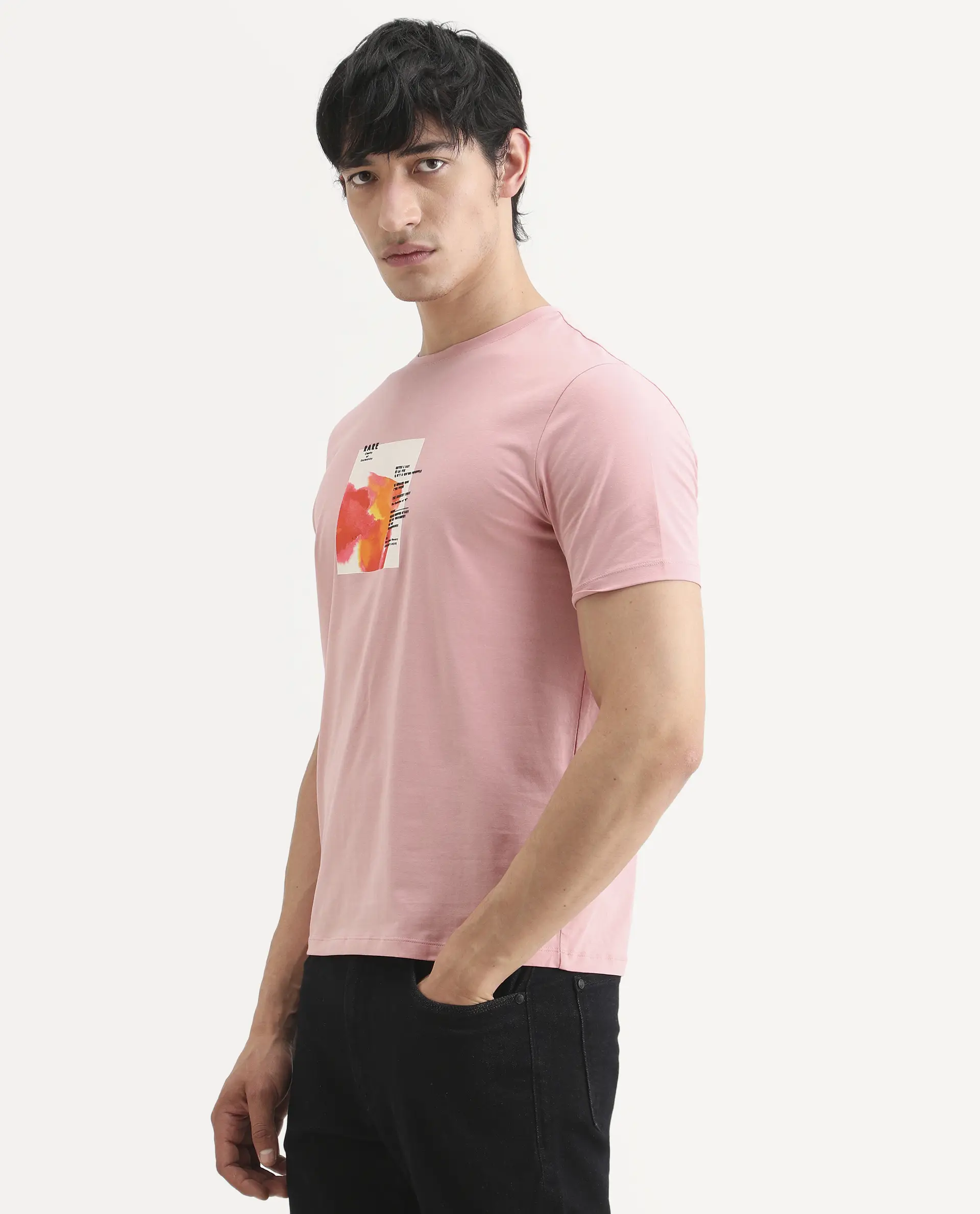 Rare Rabbit Men's Nes Pink Cotton Blend Fabric Half Sleeve Crew Neck Regular Fit Graphic Print T-Shirt - Image 4