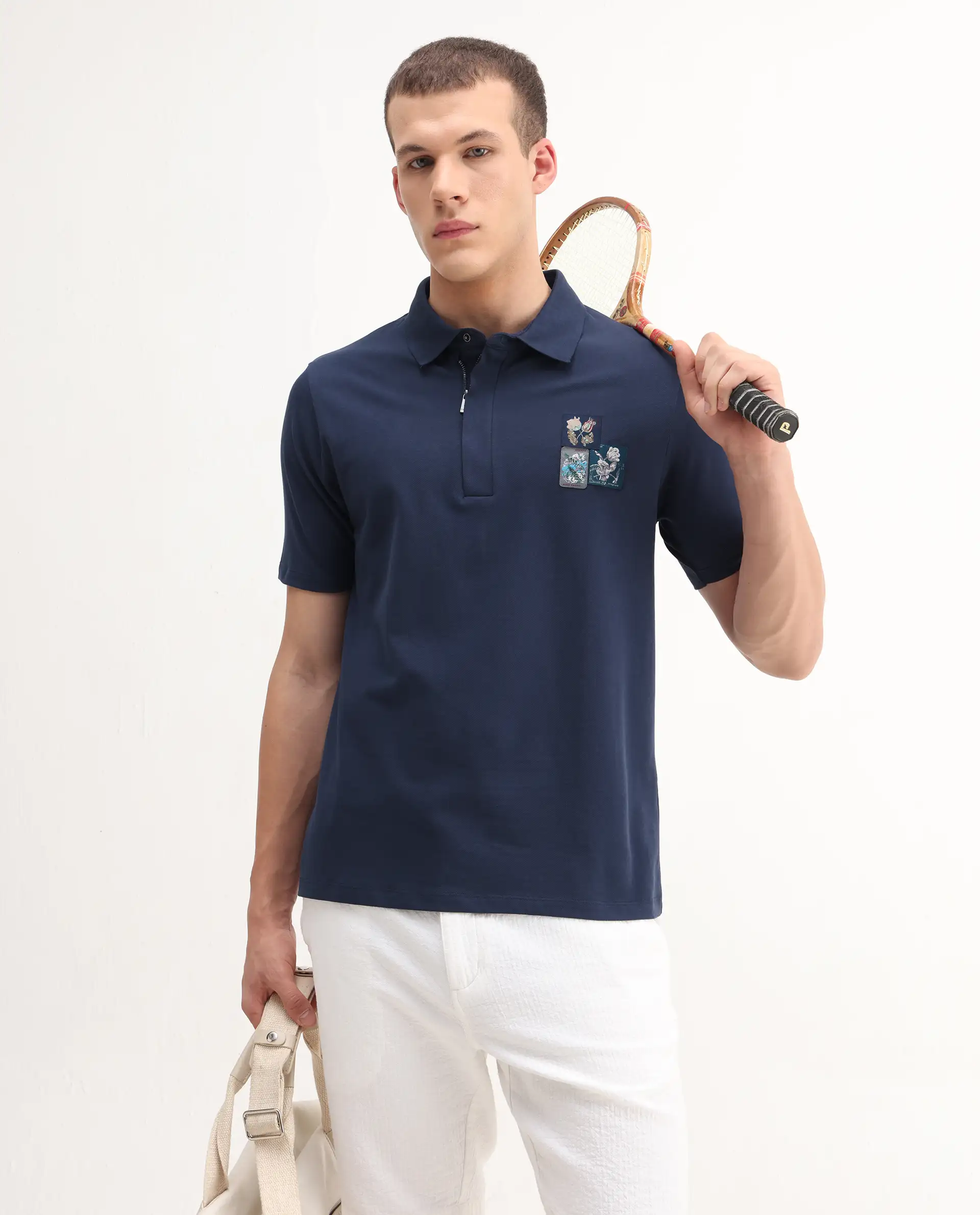 Rare Rabbit Men's Nesco Dusky Blue Cotton Plain Regular Fit Half Sleeve Polo