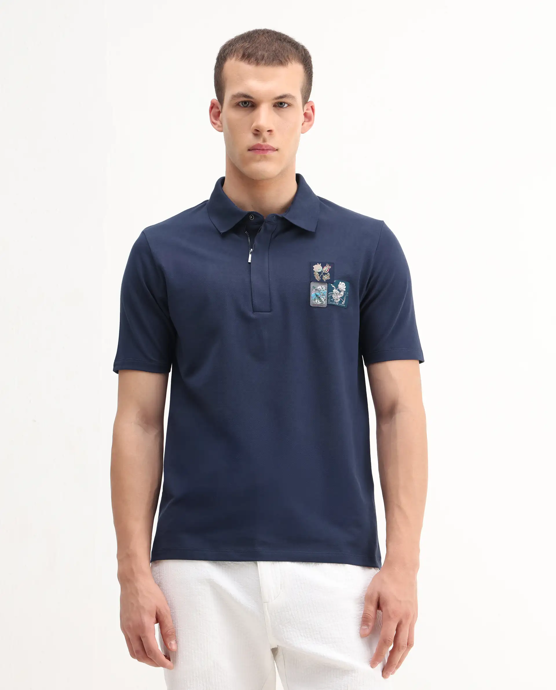 Rare Rabbit Men's Nesco Dusky Blue Cotton Plain Regular Fit Half Sleeve Polo - Image 3