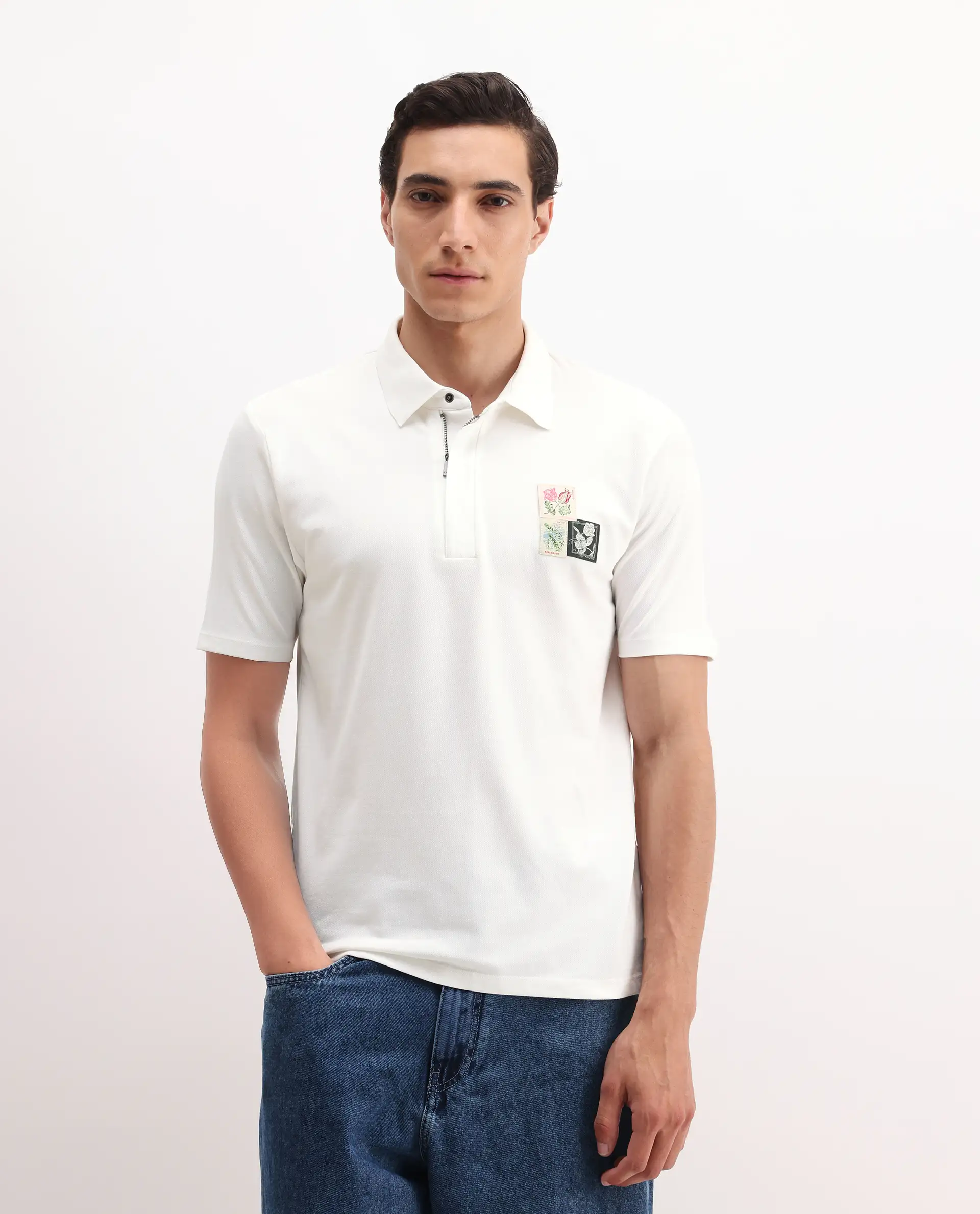 Rare Rabbit Men's Nesco White Cotton Plain Regular Fit Half Sleeve Polo - Image 3