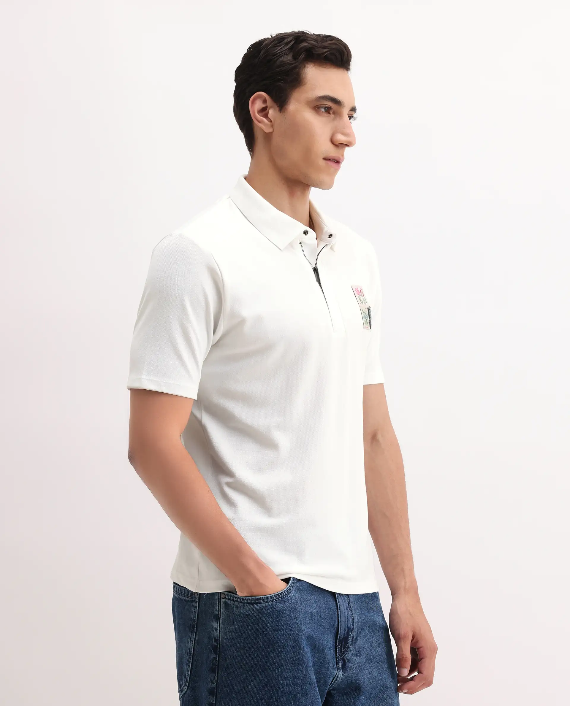 Rare Rabbit Men's Nesco White Cotton Plain Regular Fit Half Sleeve Polo - Image 5