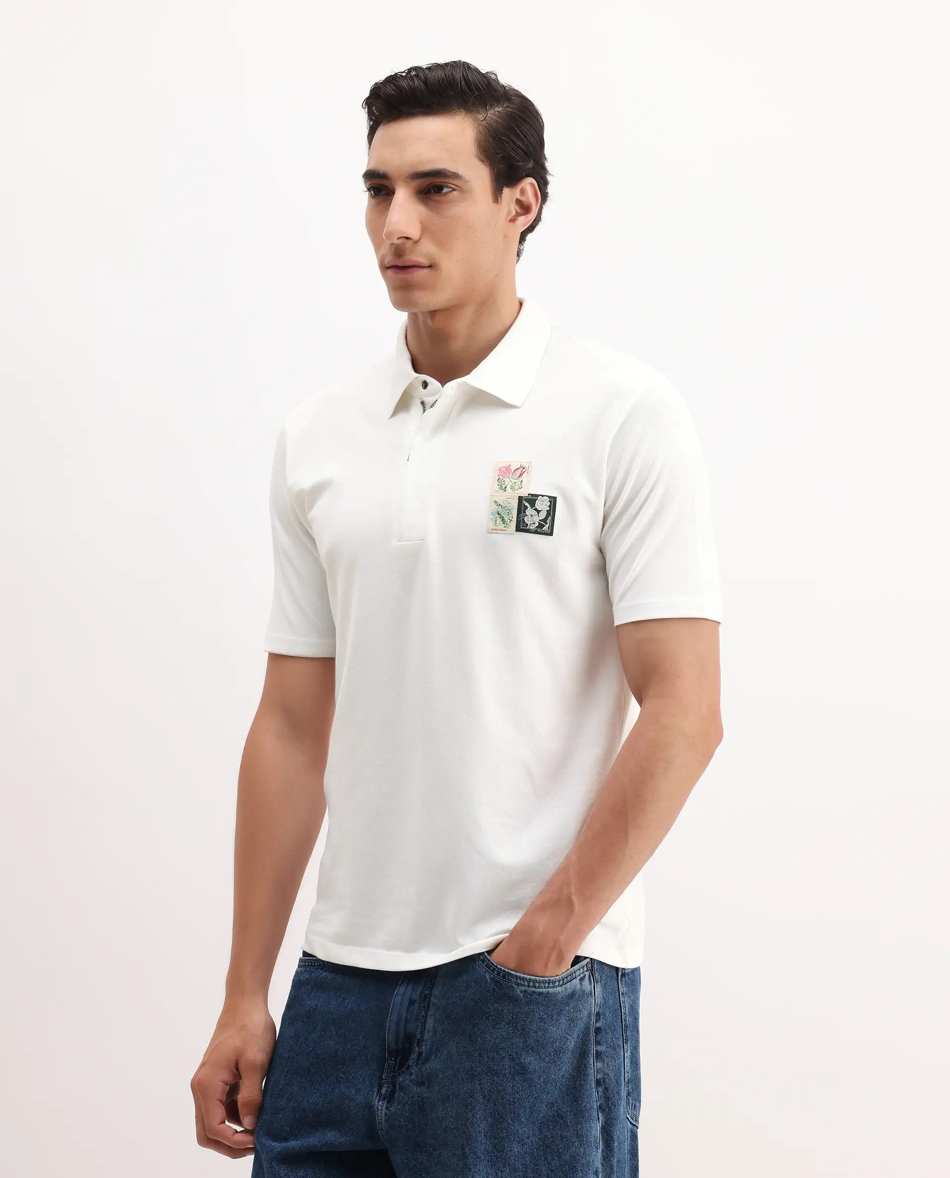 Rare Rabbit Men's Nesco White Cotton Plain Regular Fit Half Sleeve Polo - Image 6