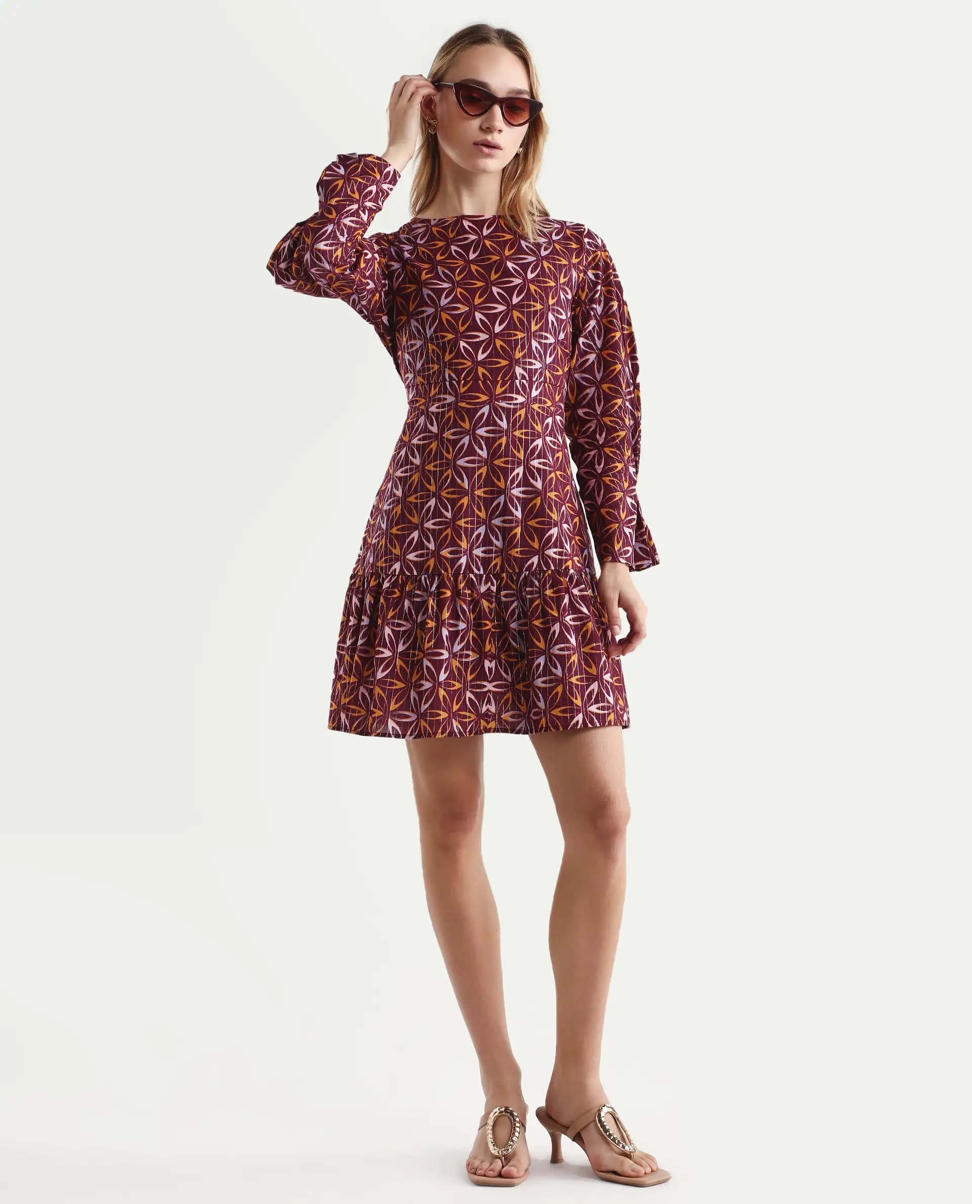 Rareism Women's Nesia Multi Cotton Sweetheart Neck Geometric Print Puff Sleeves Knee Length Tiered Dress - Image 2