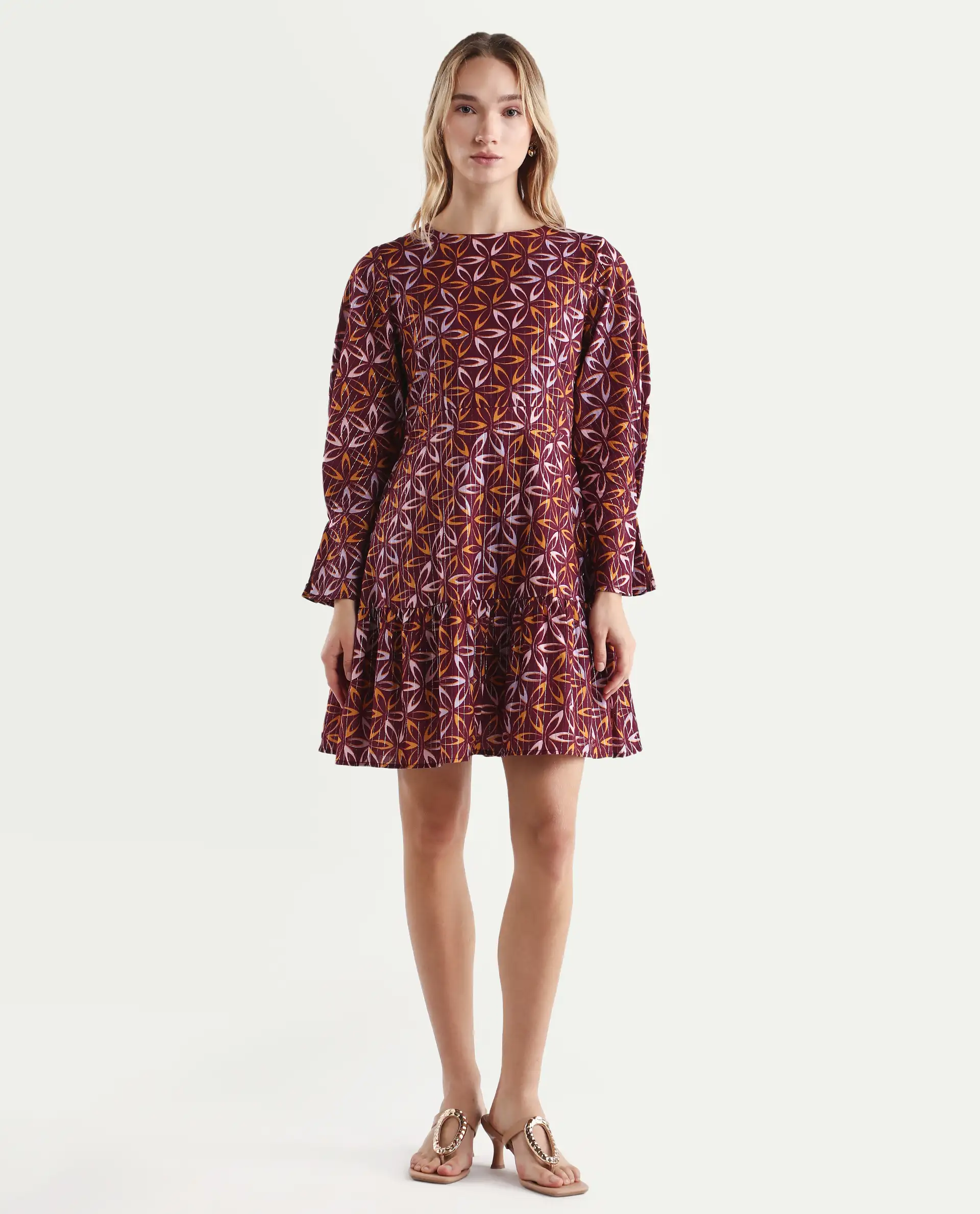 Rareism Women's Nesia Multi Cotton Sweetheart Neck Geometric Print Puff Sleeves Knee Length Tiered Dress - Image 3