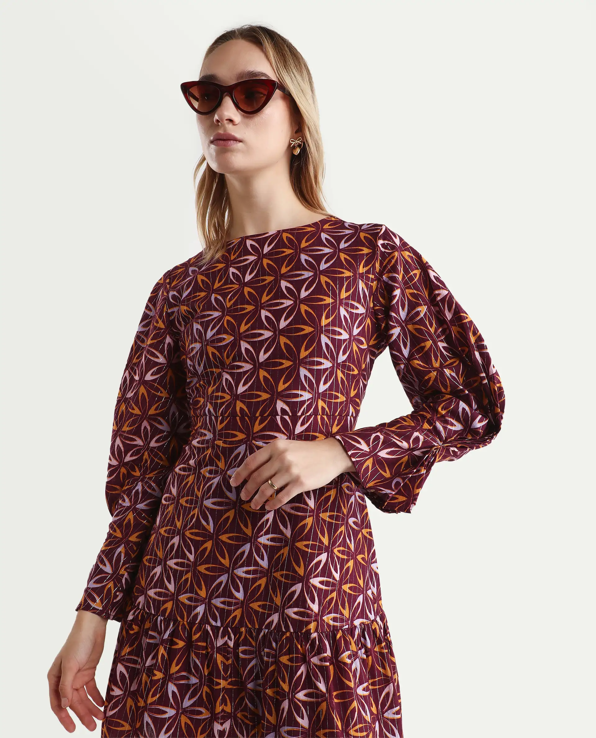 Rareism Women's Nesia Multi Cotton Sweetheart Neck Geometric Print Puff Sleeves Knee Length Tiered Dress - Image 5