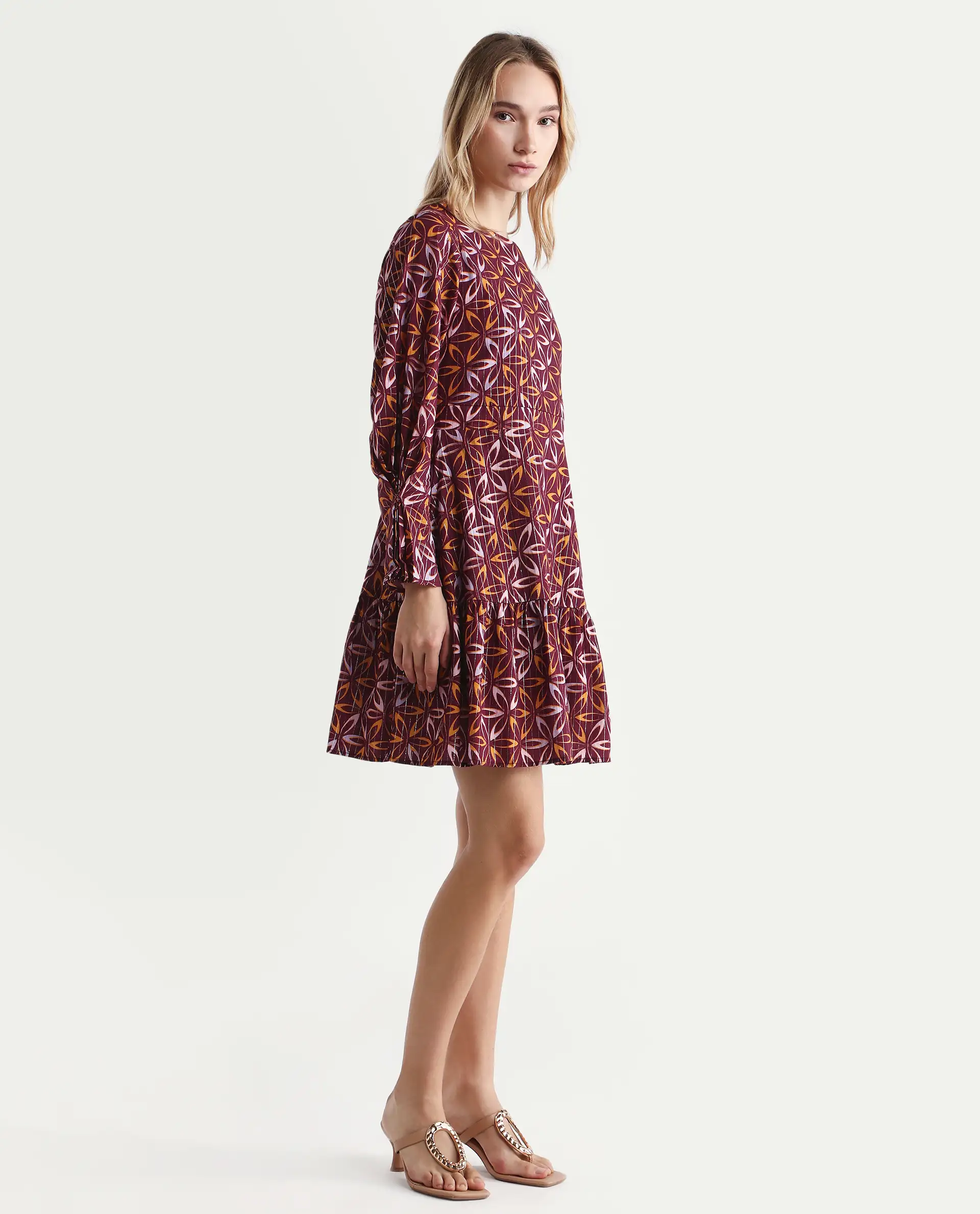 Rareism Women's Nesia Multi Cotton Sweetheart Neck Geometric Print Puff Sleeves Knee Length Tiered Dress - Image 6