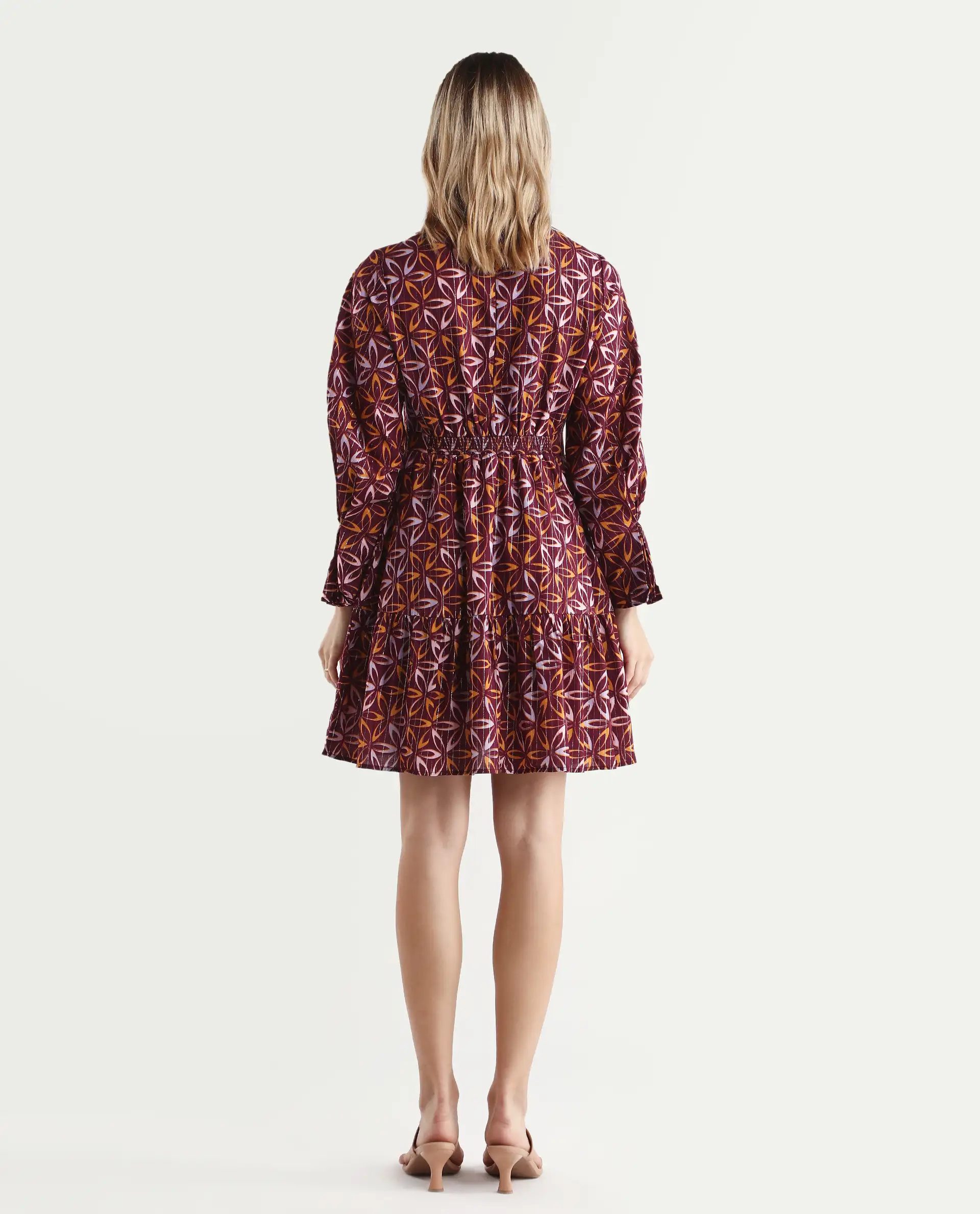 Rareism Women's Nesia Multi Cotton Sweetheart Neck Geometric Print Puff Sleeves Knee Length Tiered Dress - Image 7