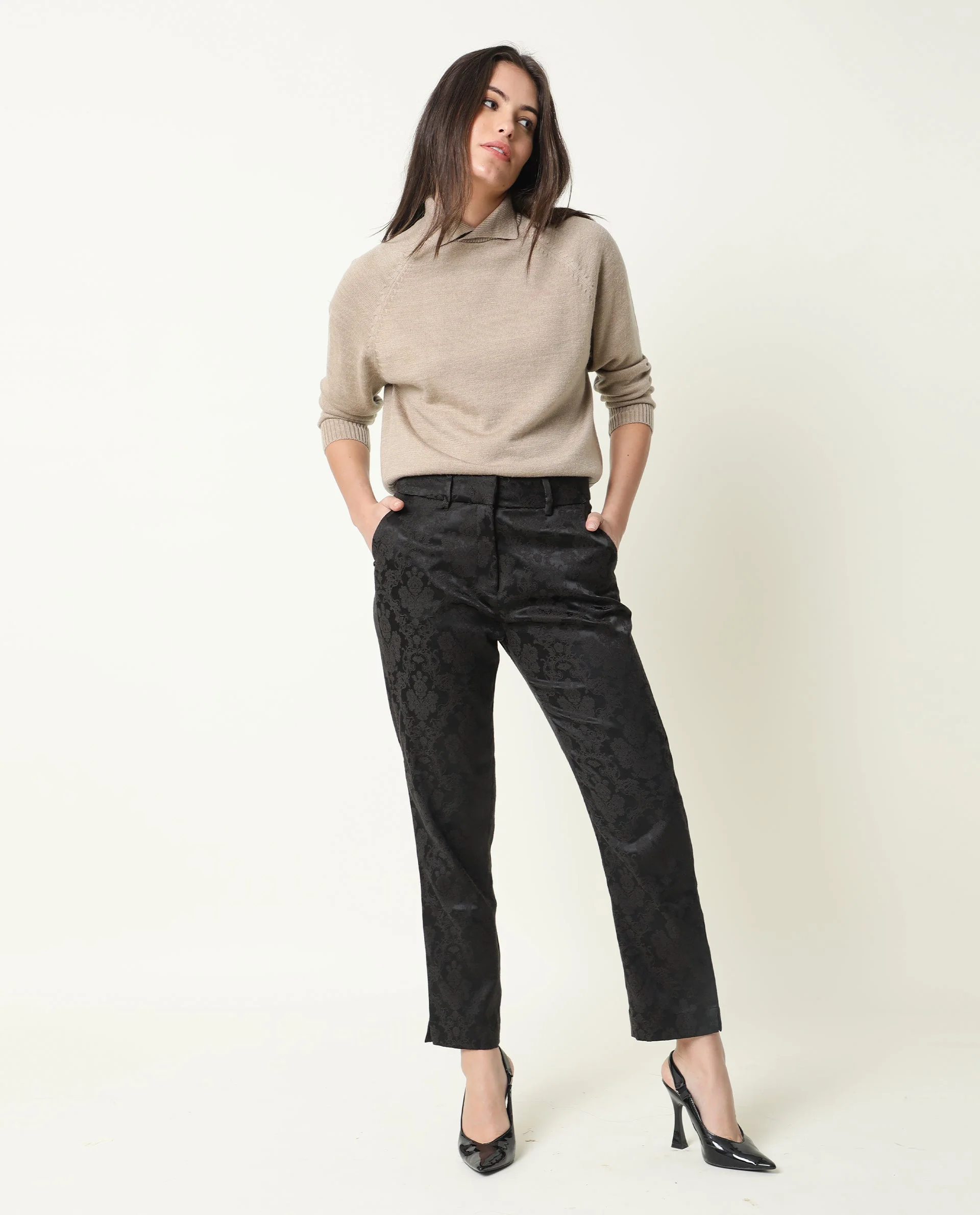 Rareism Women's Nestea Black Velvet Floral Print Ankle Length Tailored Trouser