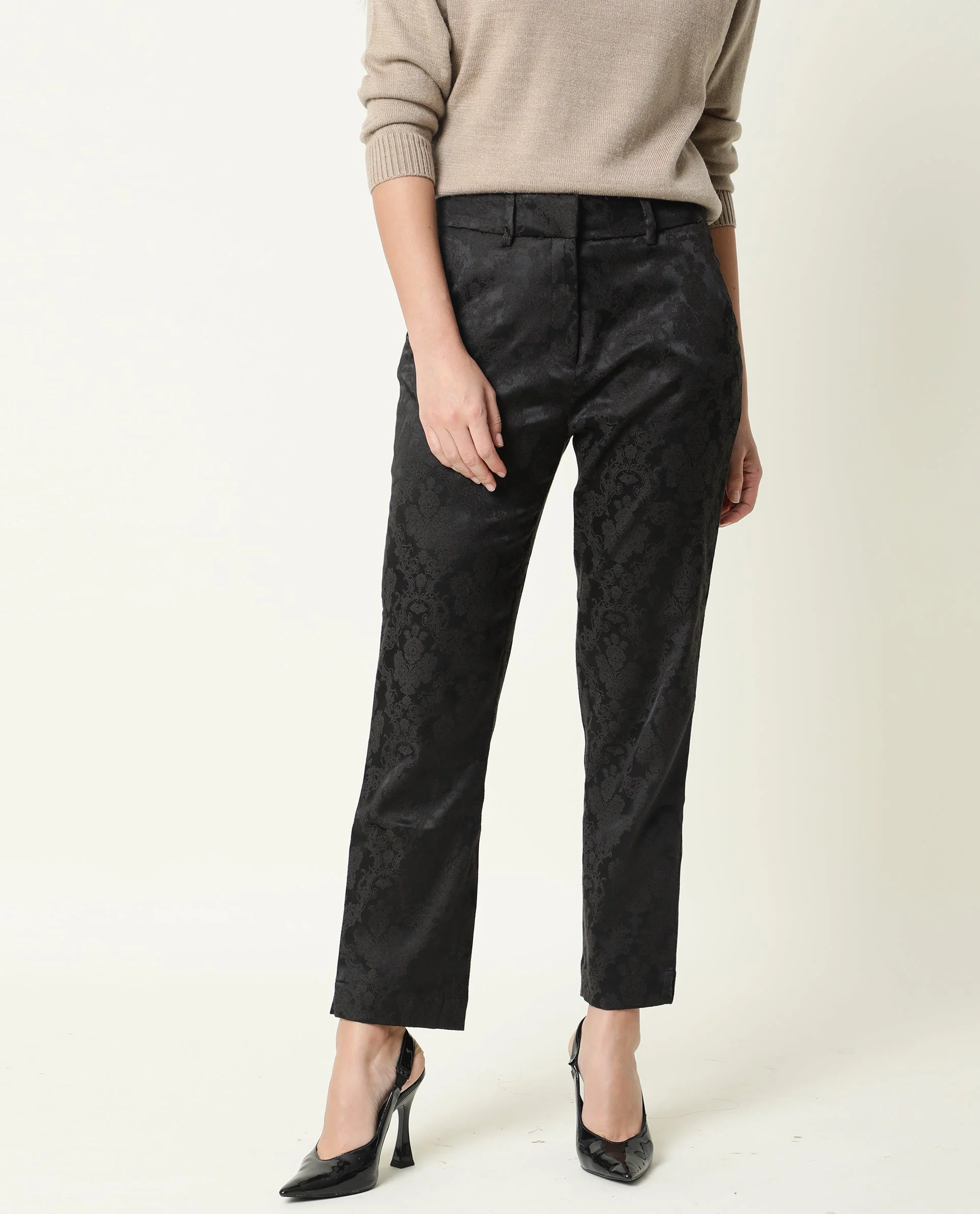 Rareism Women's Nestea Black Velvet Floral Print Ankle Length Tailored Trouser - Image 5