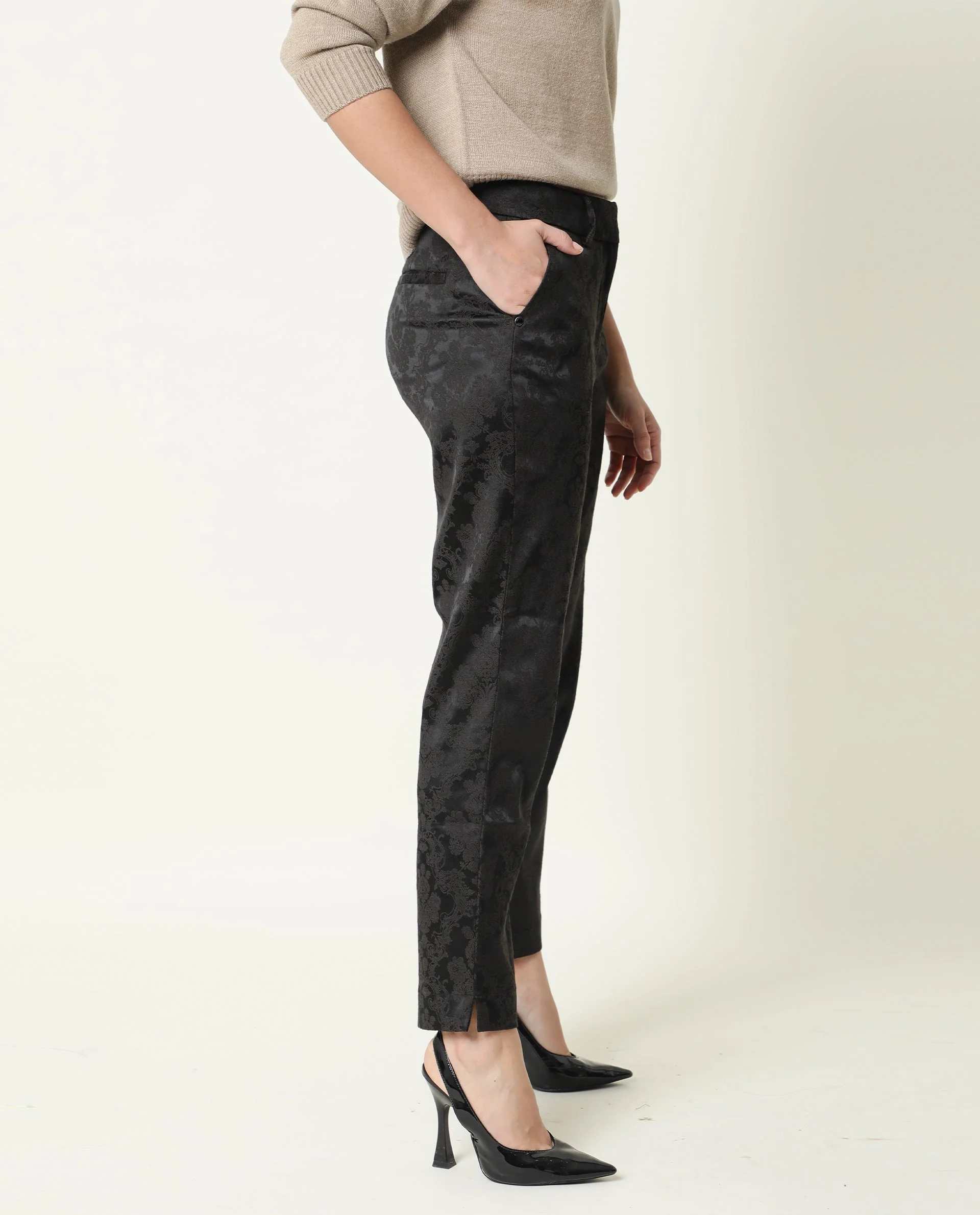 Rareism Women's Nestea Black Velvet Floral Print Ankle Length Tailored Trouser - Image 7