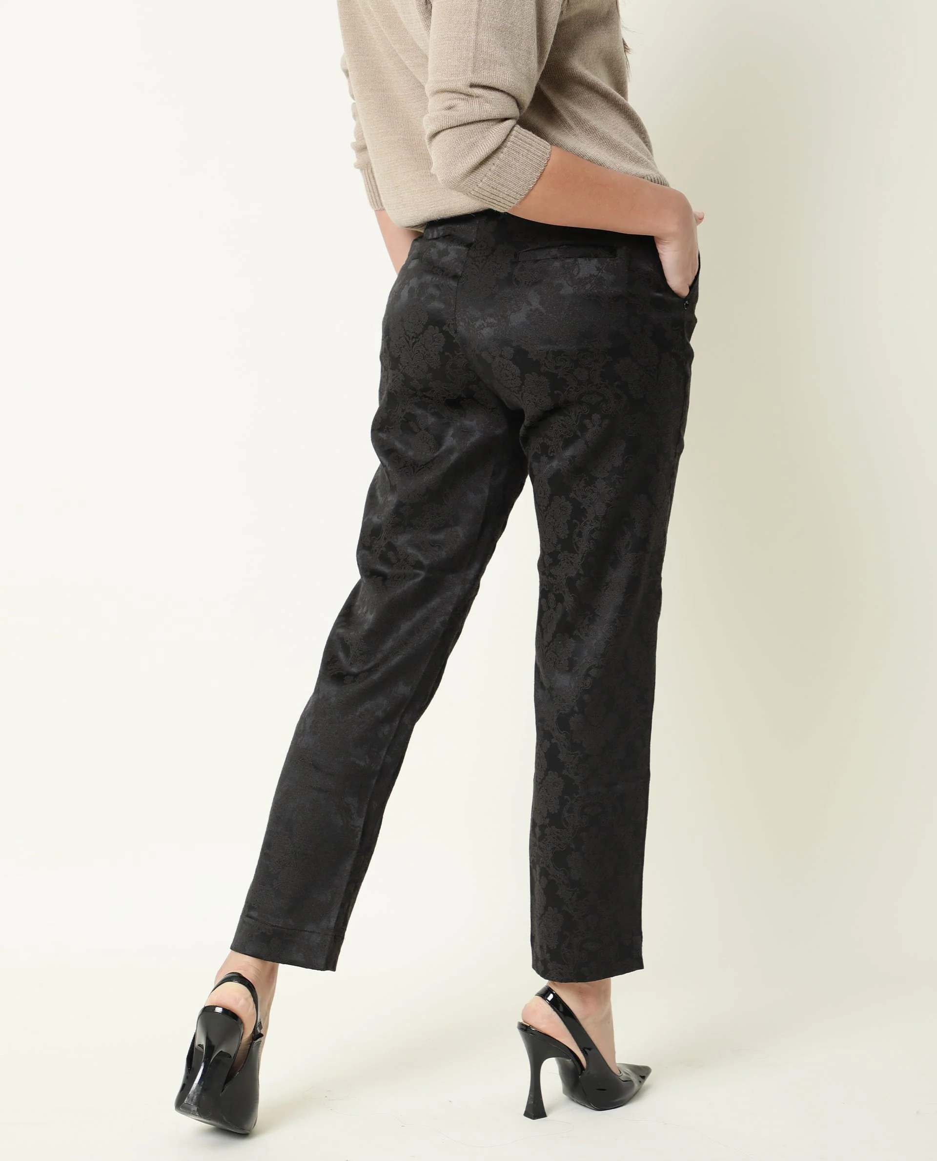 Rareism Women's Nestea Black Velvet Floral Print Ankle Length Tailored Trouser - Image 8