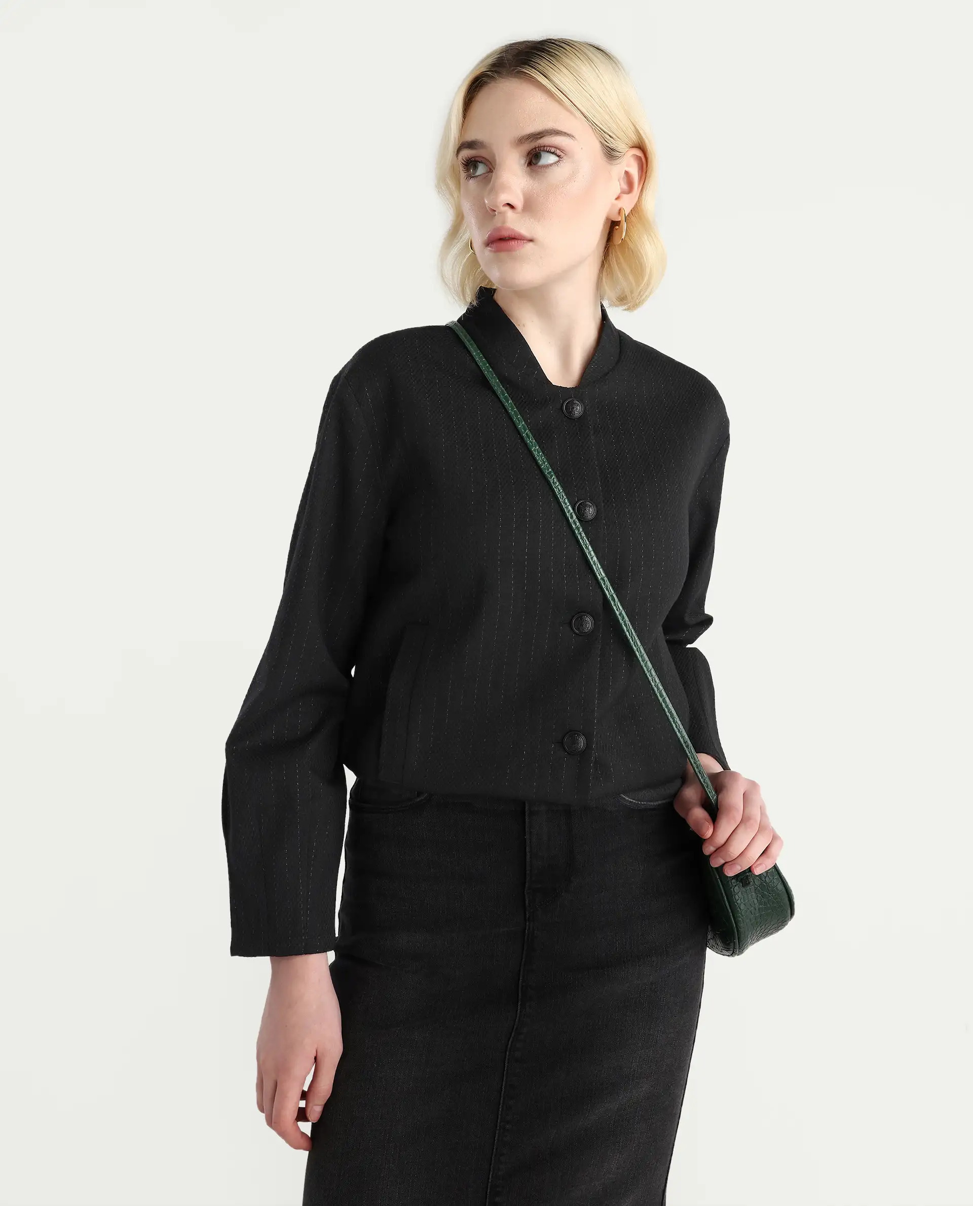Rareism Women's Nestri Black Polyester Mandrin Collar Regular Fit Plain Jacket - Image 3
