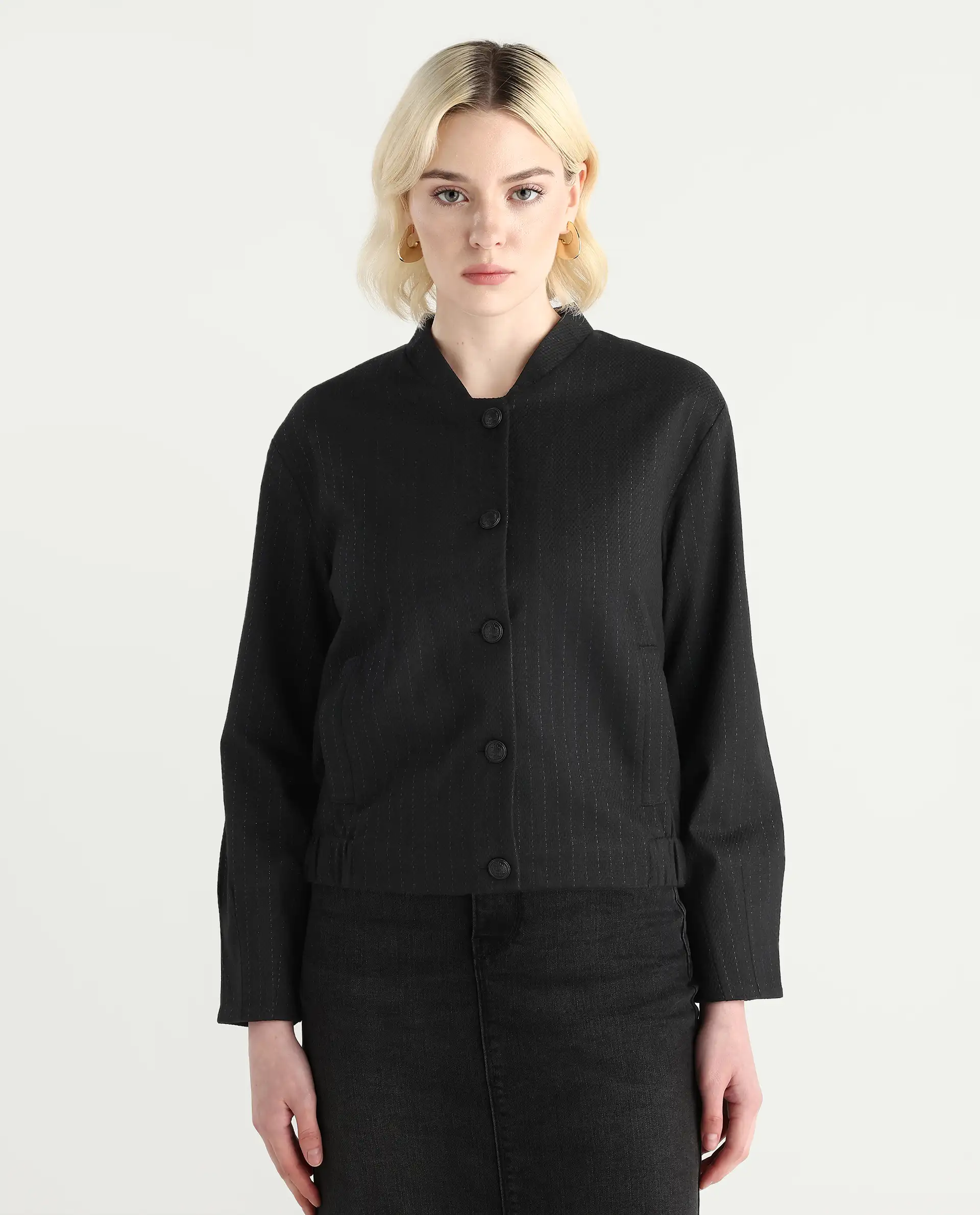 Rareism Women's Nestri Black Polyester Mandrin Collar Regular Fit Plain Jacket - Image 4