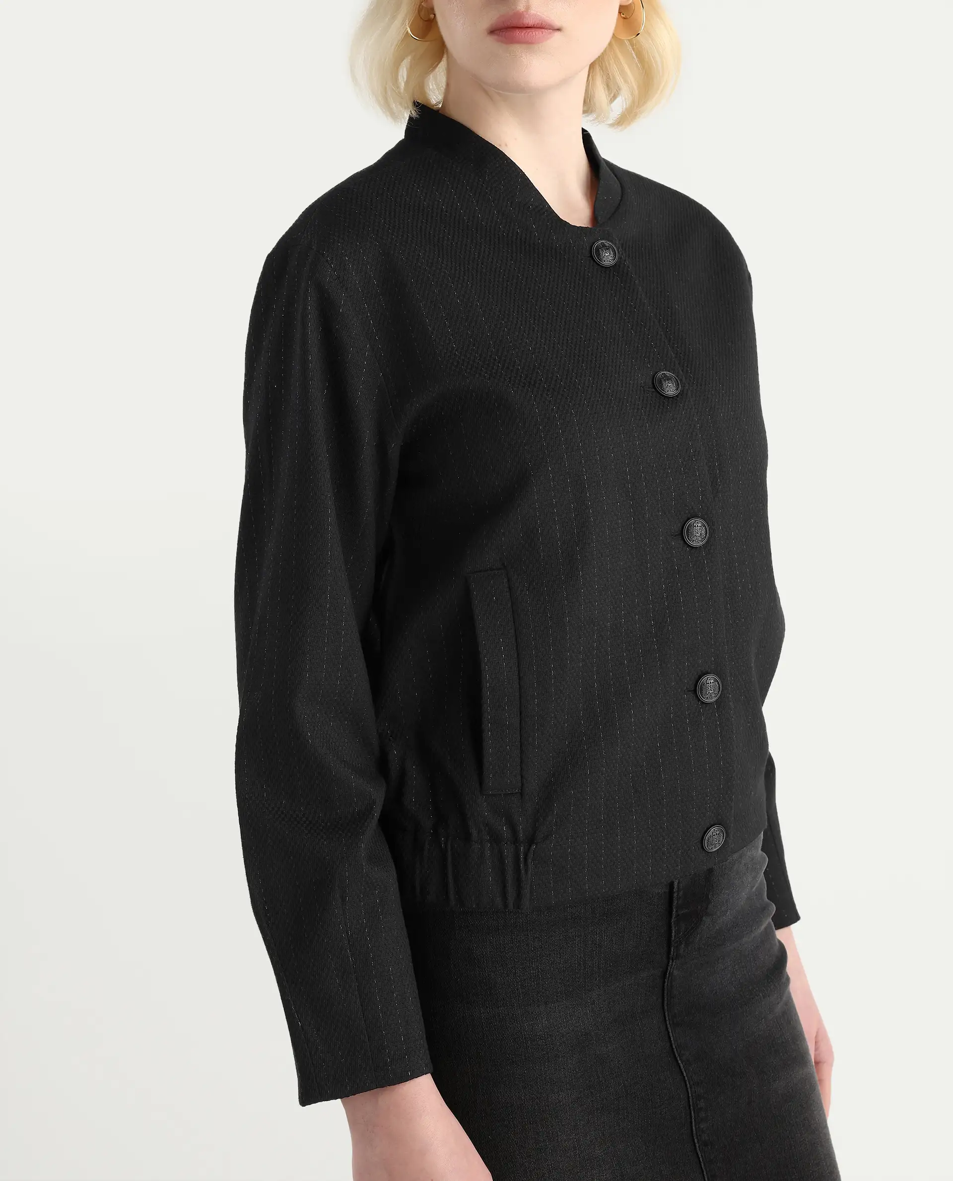 Rareism Women's Nestri Black Polyester Mandrin Collar Regular Fit Plain Jacket - Image 5
