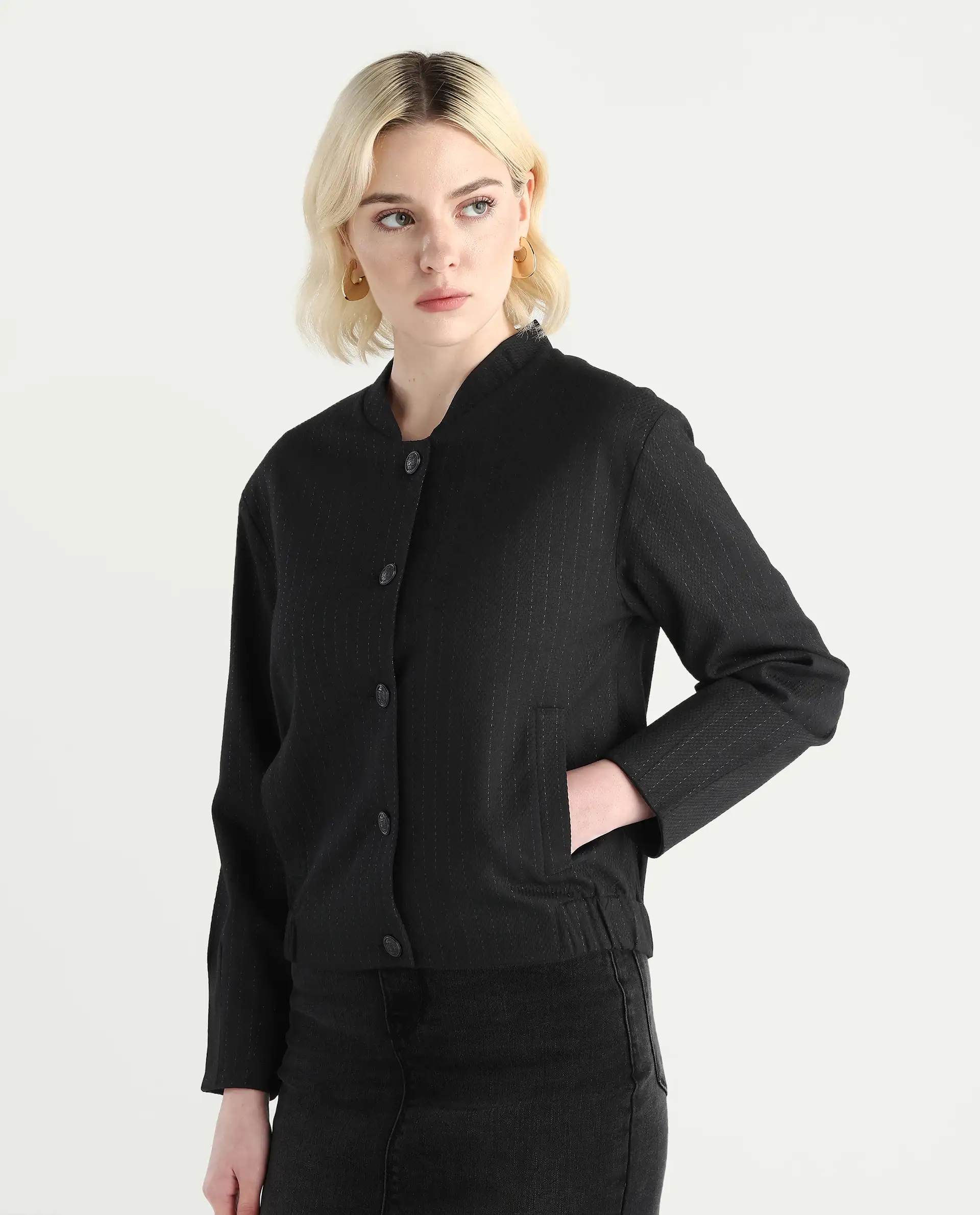Rareism Women's Nestri Black Polyester Mandrin Collar Regular Fit Plain Jacket - Image 6