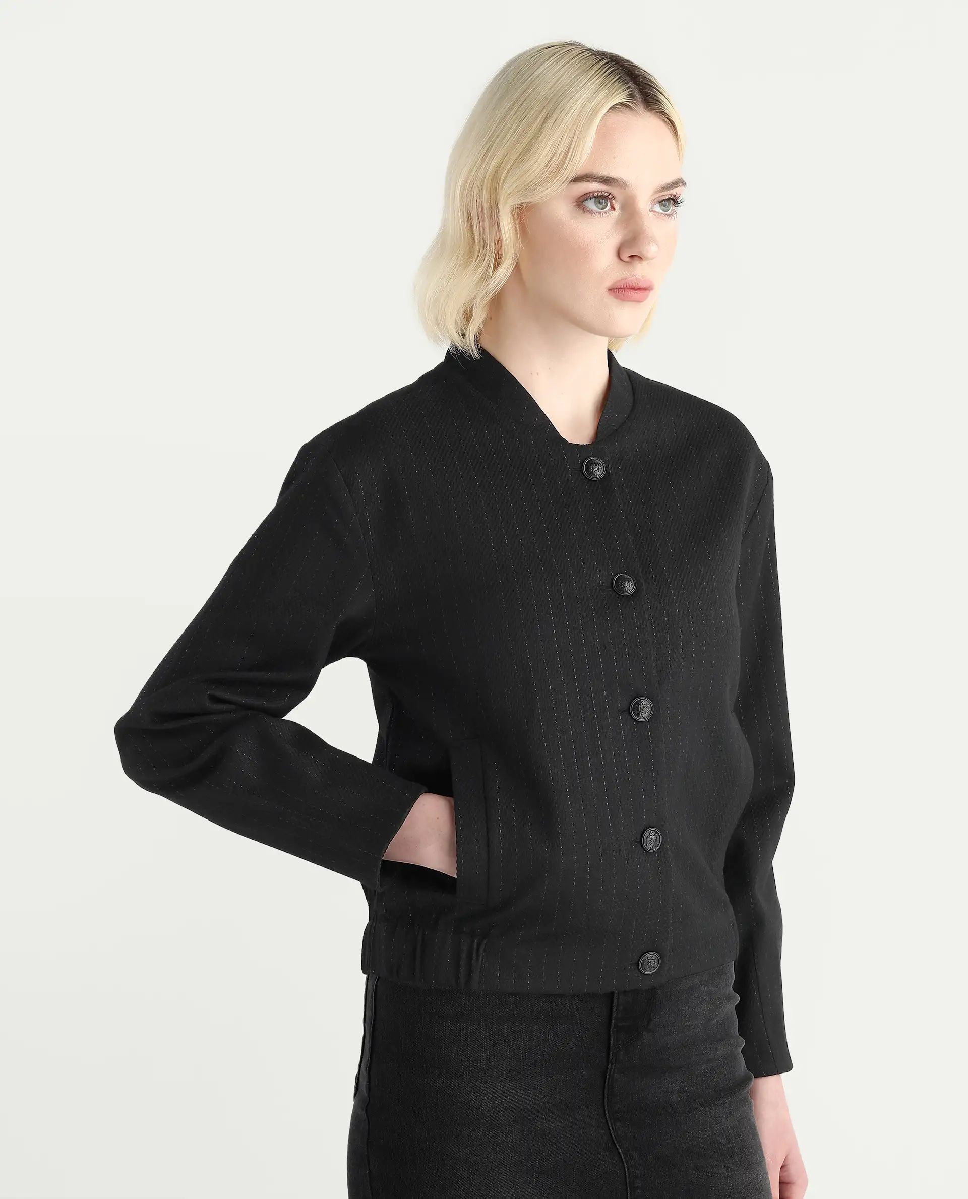 Rareism Women's Nestri Black Polyester Mandrin Collar Regular Fit Plain Jacket - Image 7