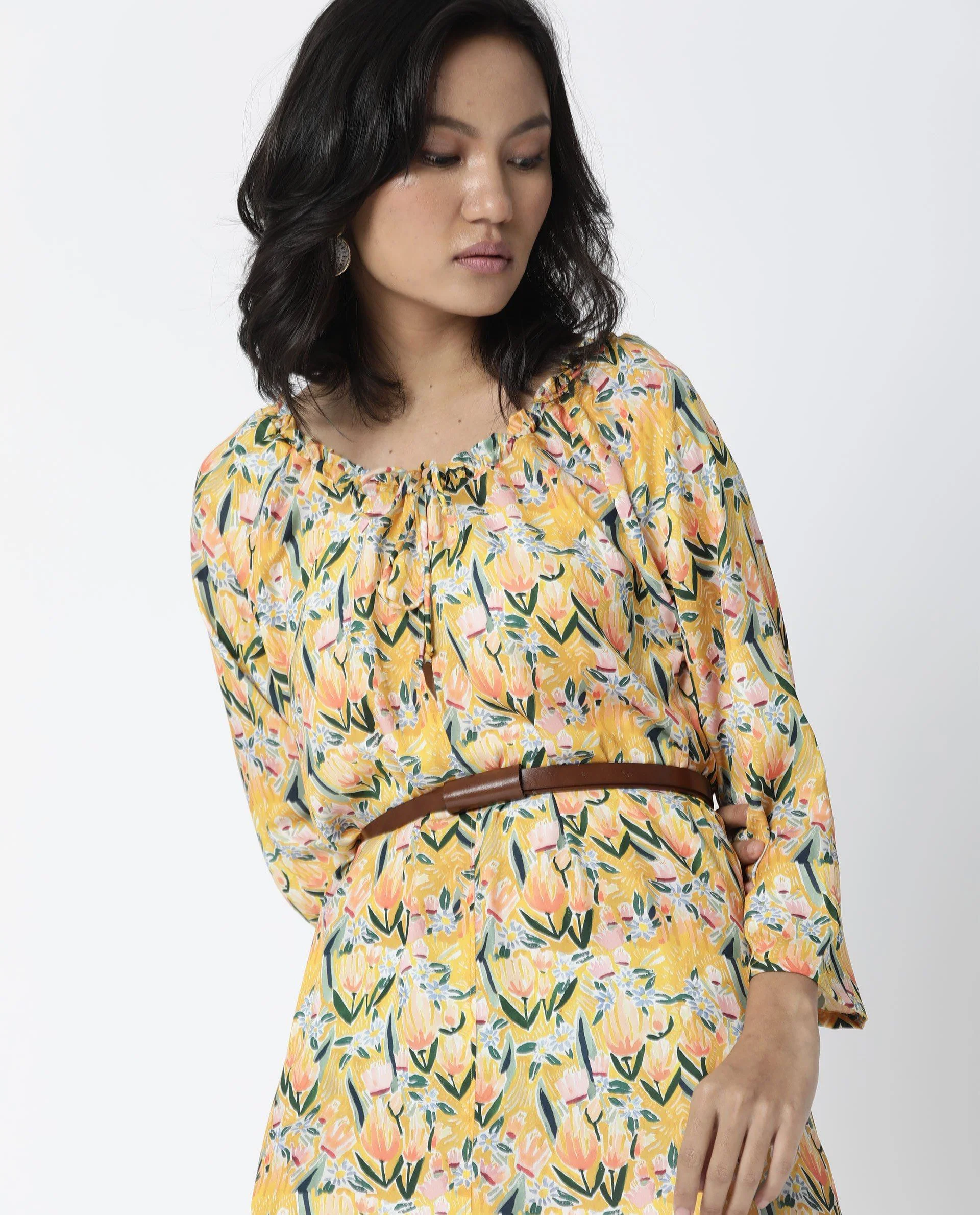 Rareism Women Nesty Yellow Dress Short Sleeves Printed - Image 4