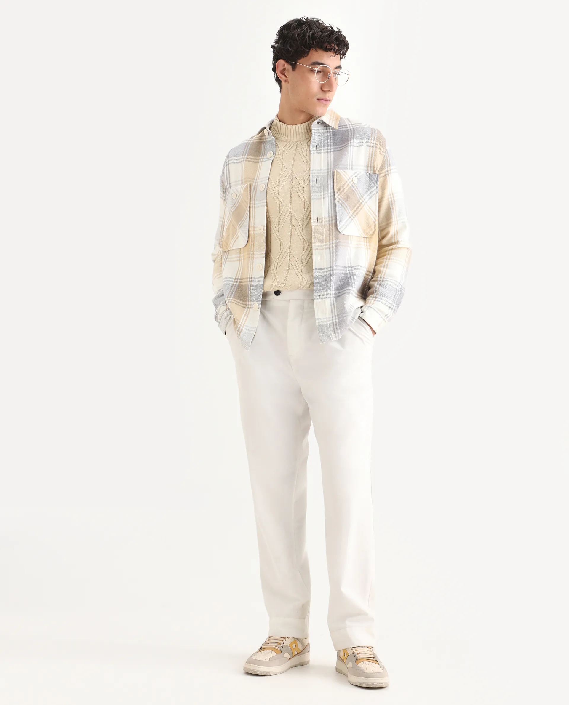 Rare Rabbit Men's Netsk Beige Acrylic Blend Checked Print Regular Fit Full Sleeve Collared Shacket - Image 2