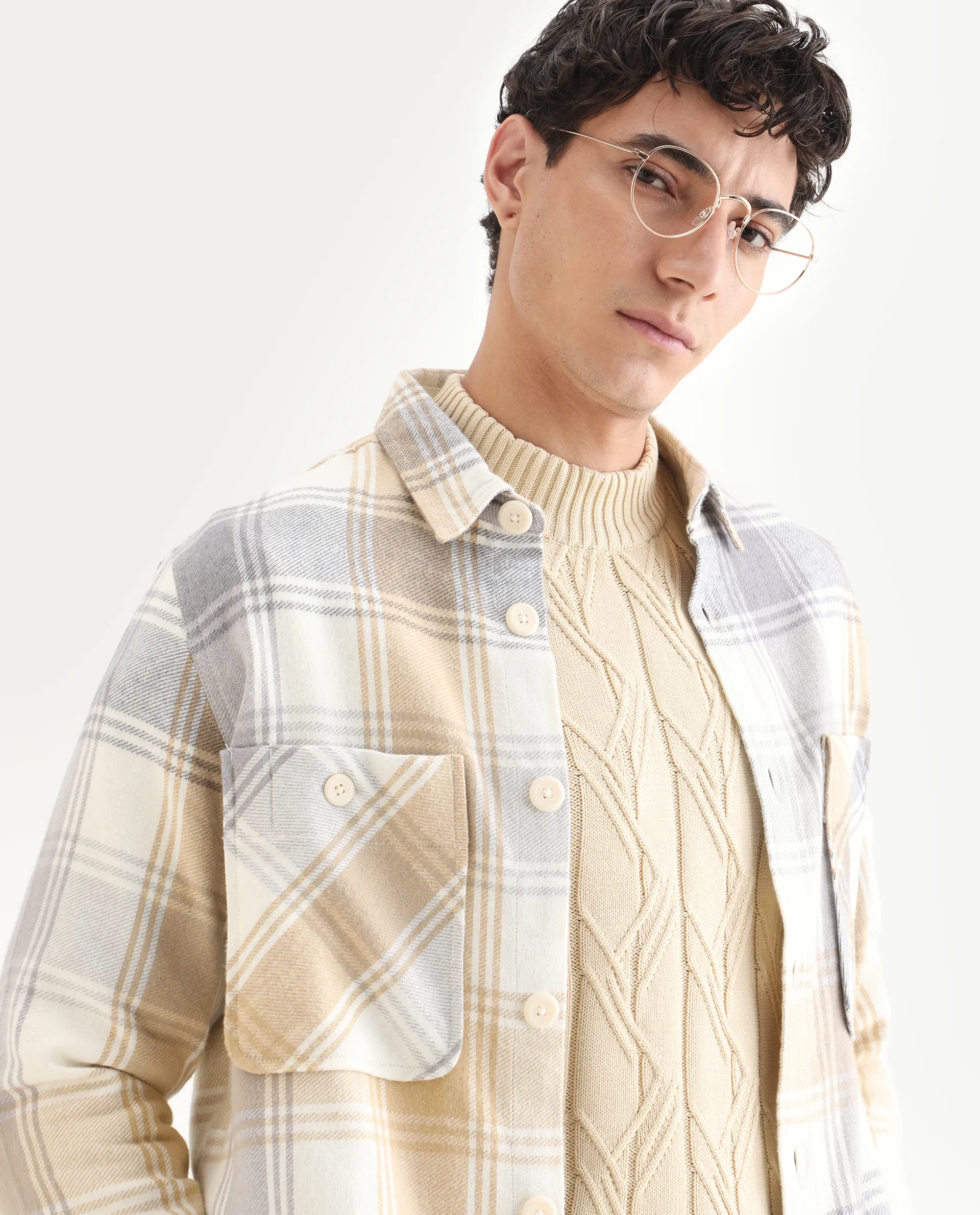 Rare Rabbit Men's Netsk Beige Acrylic Blend Checked Print Regular Fit Full Sleeve Collared Shacket - Image 3