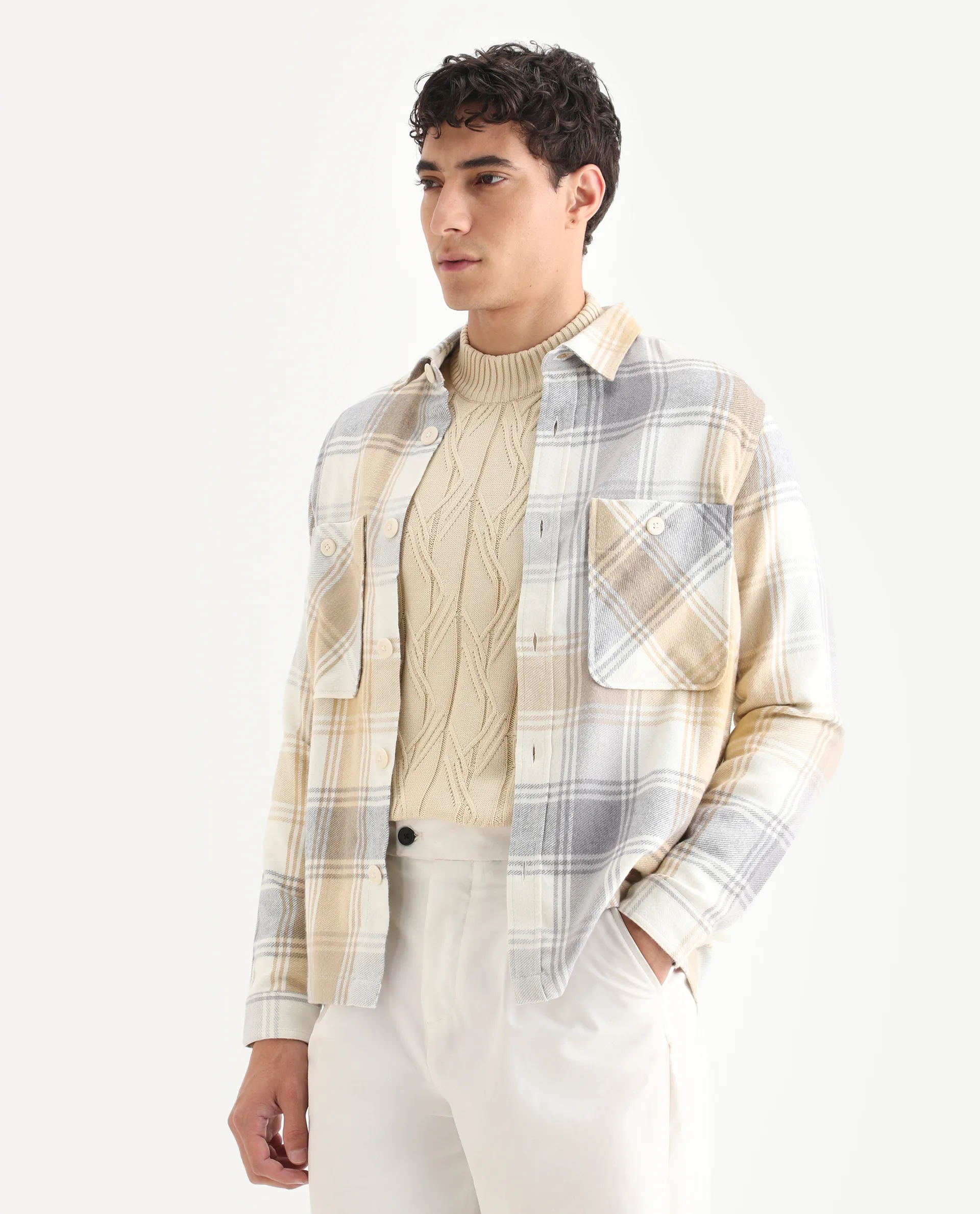 Rare Rabbit Men's Netsk Beige Acrylic Blend Checked Print Regular Fit Full Sleeve Collared Shacket - Image 4